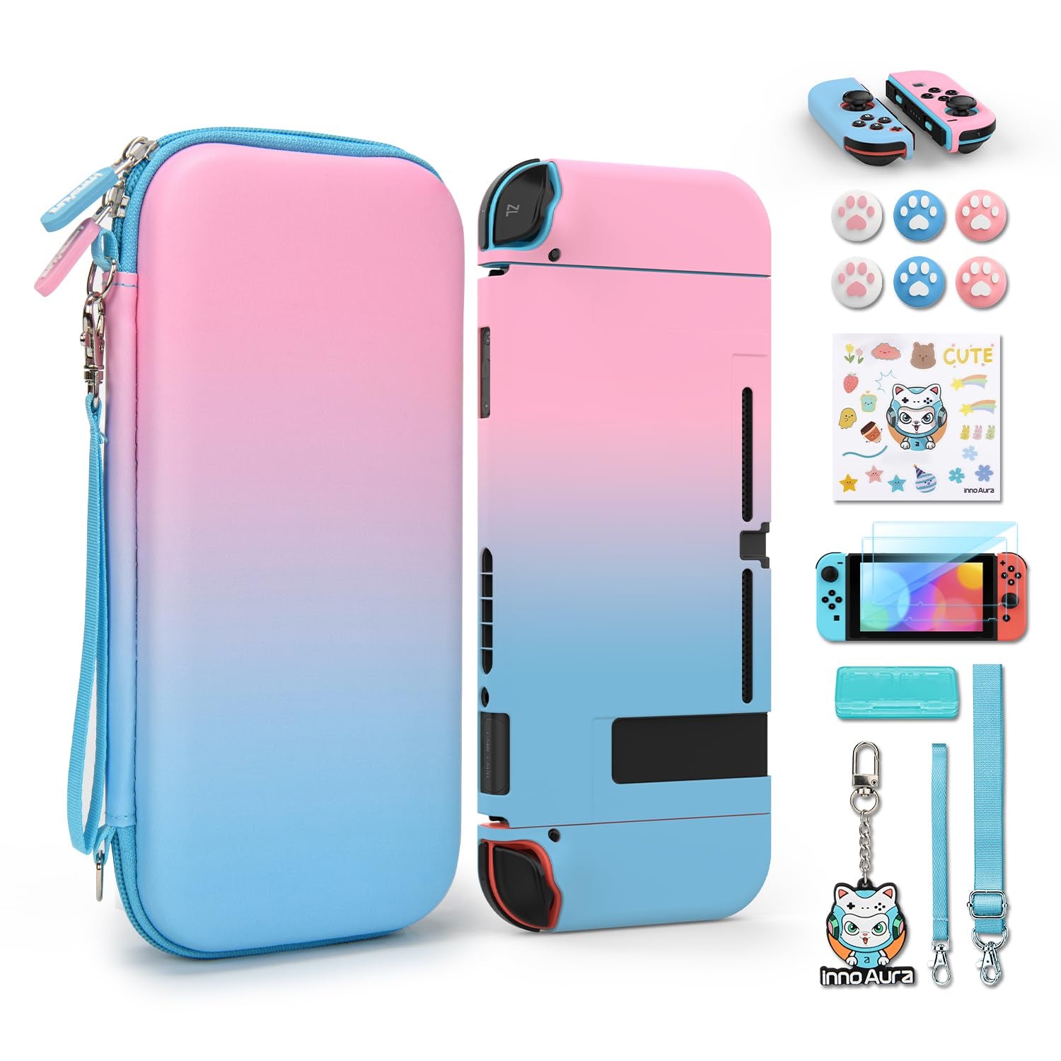 Switch Case for NS Switch, Innoaura 17 in 1 Switch Accessories Bundles with Switch Carrying Case, Switch Game Case, Switch Protective Case, Switch Screen Protector, Switch Thumb Caps (Mermaid Pink)