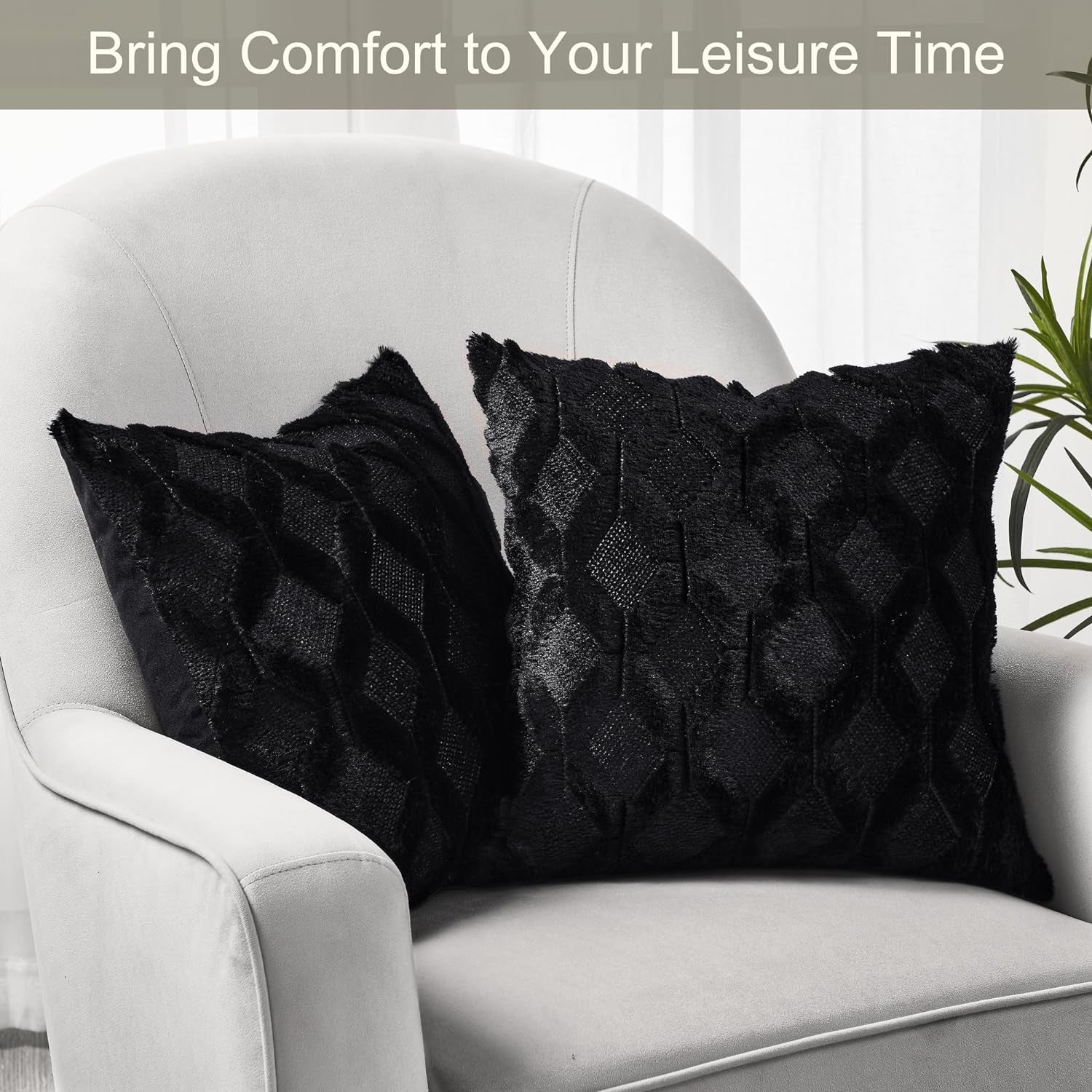 Pack of 2 Faux Wool Throw Pillow Covers 20X20 Inches Decorative Farmhouse Velvet Couch Pillow Case Soft Plush Square Boho Cushion Pillowcase, Black