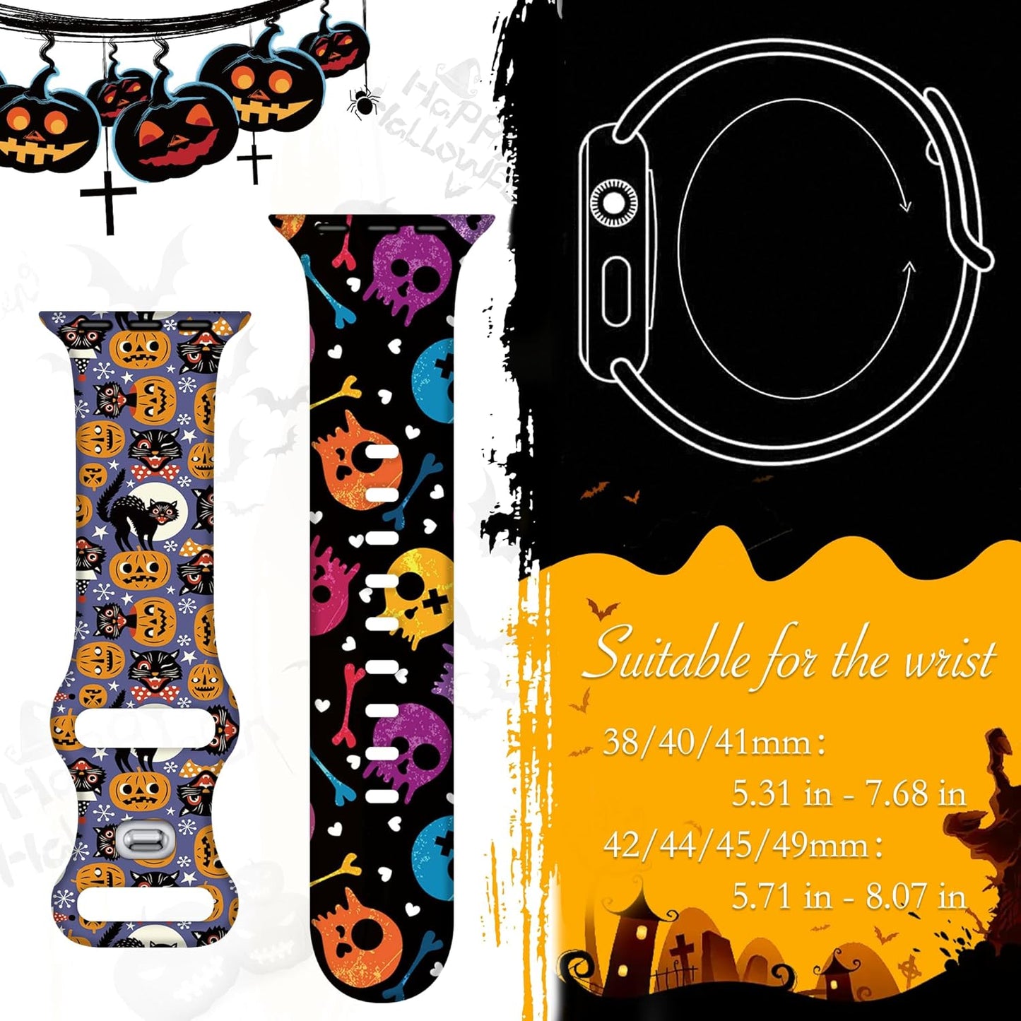 2 Pack Halloween Apple Watch Bands Compatible with Apple Watch Series 10 9 8 SE 7 6 5 4 3 2 1 Ultra 2 1, Iwatch Bands for Women Men, Halloween Band for Apple Watch 42Mm(Series 10) 41Mm 40Mm 38Mm (Weird Skulls & Black Cat)
