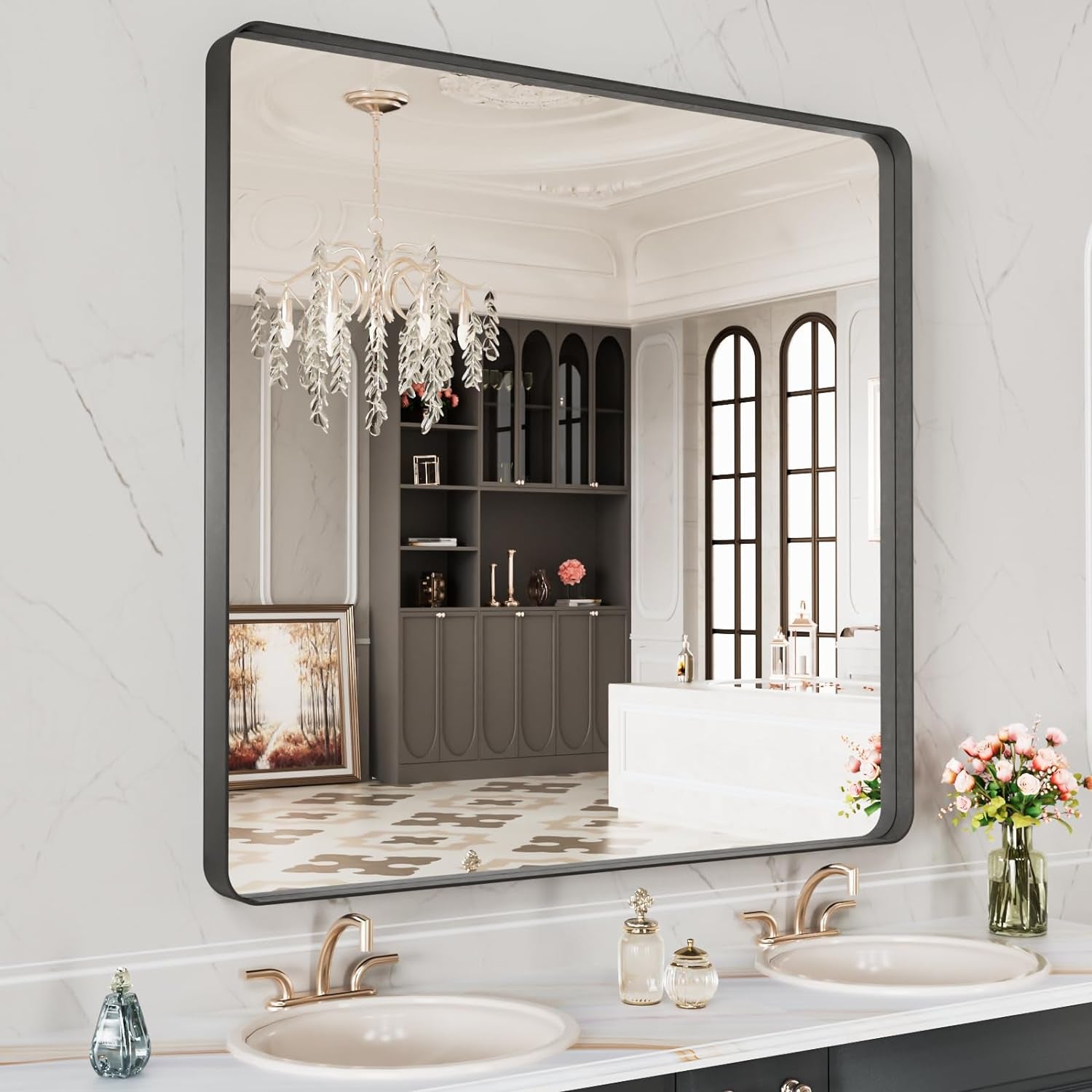 50X30 Inch Black Metal Framed Bathroom Mirror for Wall, Matte Black Bathroom Vanity Mirror Farmhouse, Large Rounded Rectangle Mirror, Anti-Rust, Tempered Glass, Hangs Horizontally or Vertically