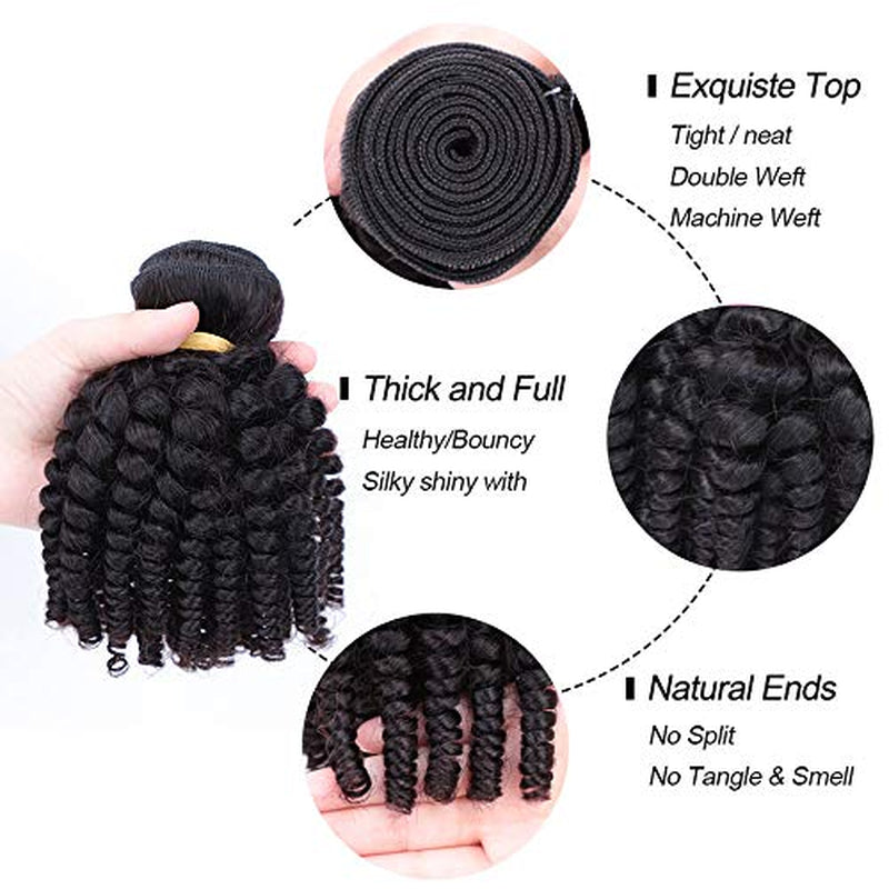 Brazilian Funmi Human Hair Bundles 8 10 12In, Afro Kinky Curly Hair Bundles Short Curly Weave, Unprocessed Brazilian Virgin Human Hair Bouncy Curl Extensions (8" 10" 12", Natural Black)