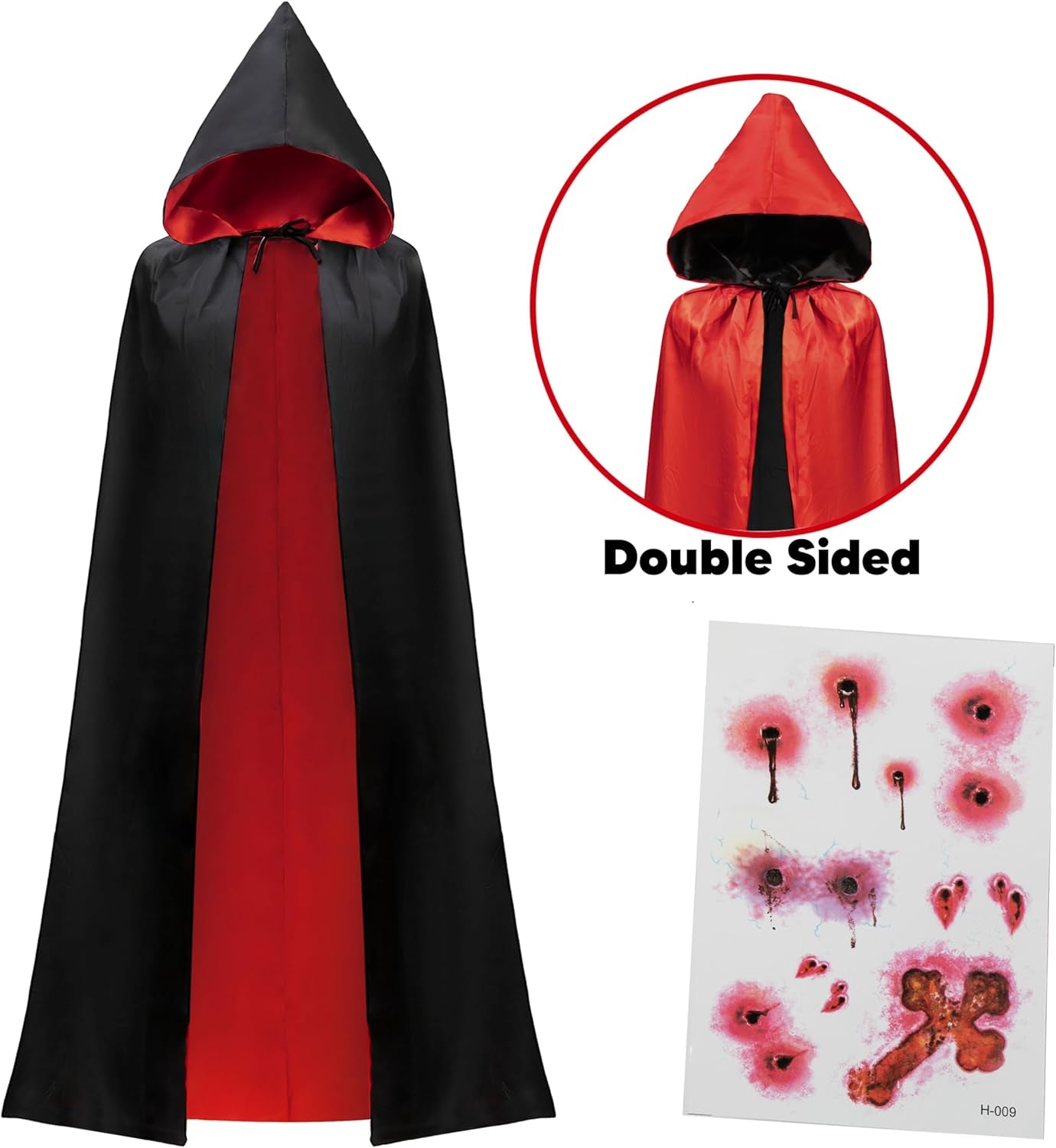 Adult Unisex Vampire Costume Accessories Halloween Vampire Cape for Transylvania Dracula Theme Party with Reversible Hooded Cape Cloak and Tattoo Scar