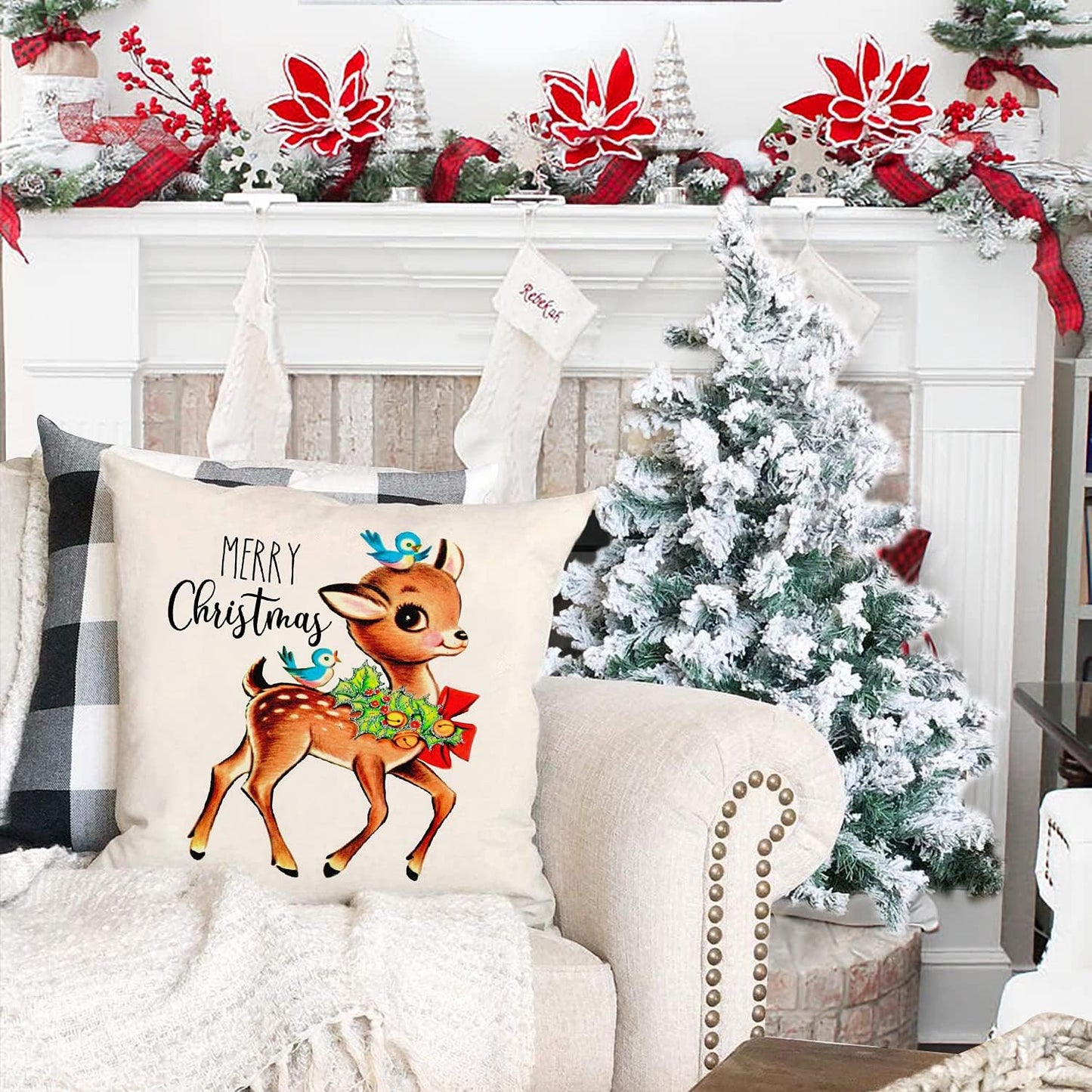 Christmas Decorations Pillow Covers 16×16 Set of 4 Snowflake Santa Snowman Deer Bird Candy Cane Xmas Rustic Winter Throw Pillows Farmhouse Christmas Decor Cushion Cases (16"X16")