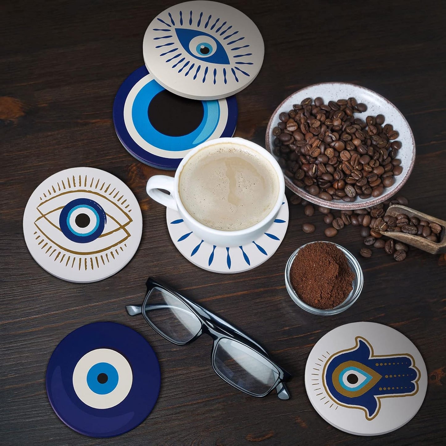 Set of 6 Ceramic Evil Eye Coasters with Coaster Holder Evil Eye Blue Coasters for Drinks round Absorbent Cup Mat with Cork Base for Home Table Decor Desk Kitchen Accessories, 4 Inch