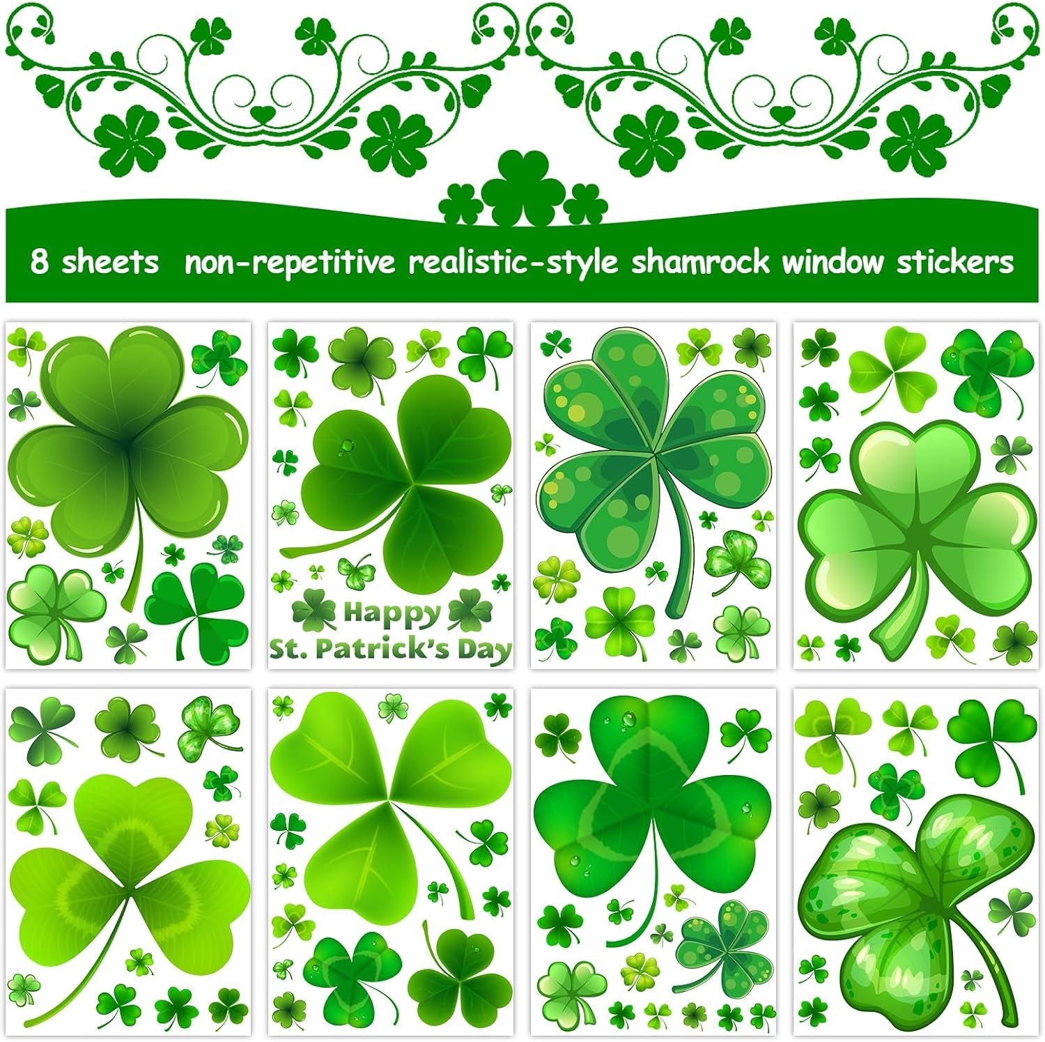 St Patricks Day Window Clings, Shamrock Stickers for St Patricks Day Decorations, 150Pcs Reusable Static Spring Window Clings Decor