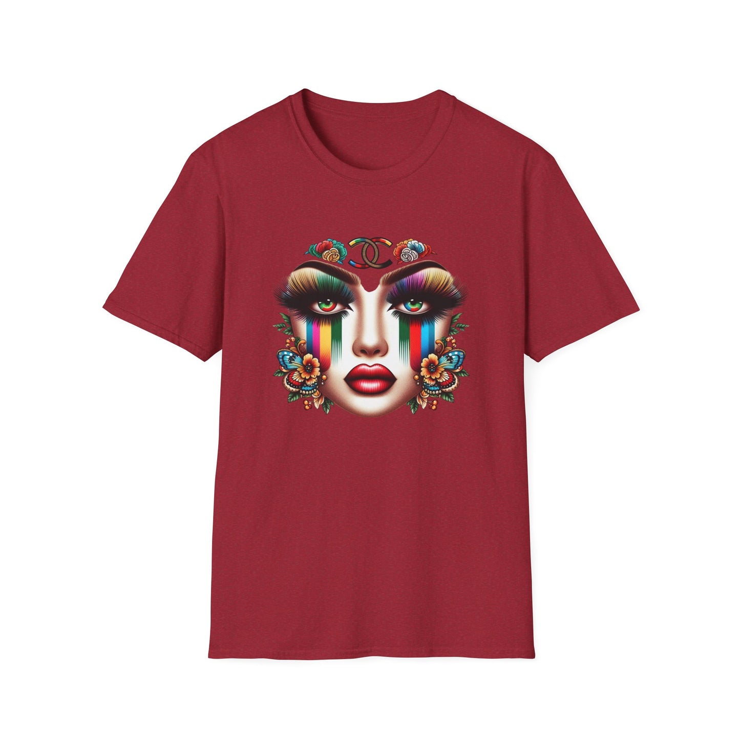 Gucci Inspired Vibrant Art Face Unisex Softstyle T-Shirt - Colorful Floral Design