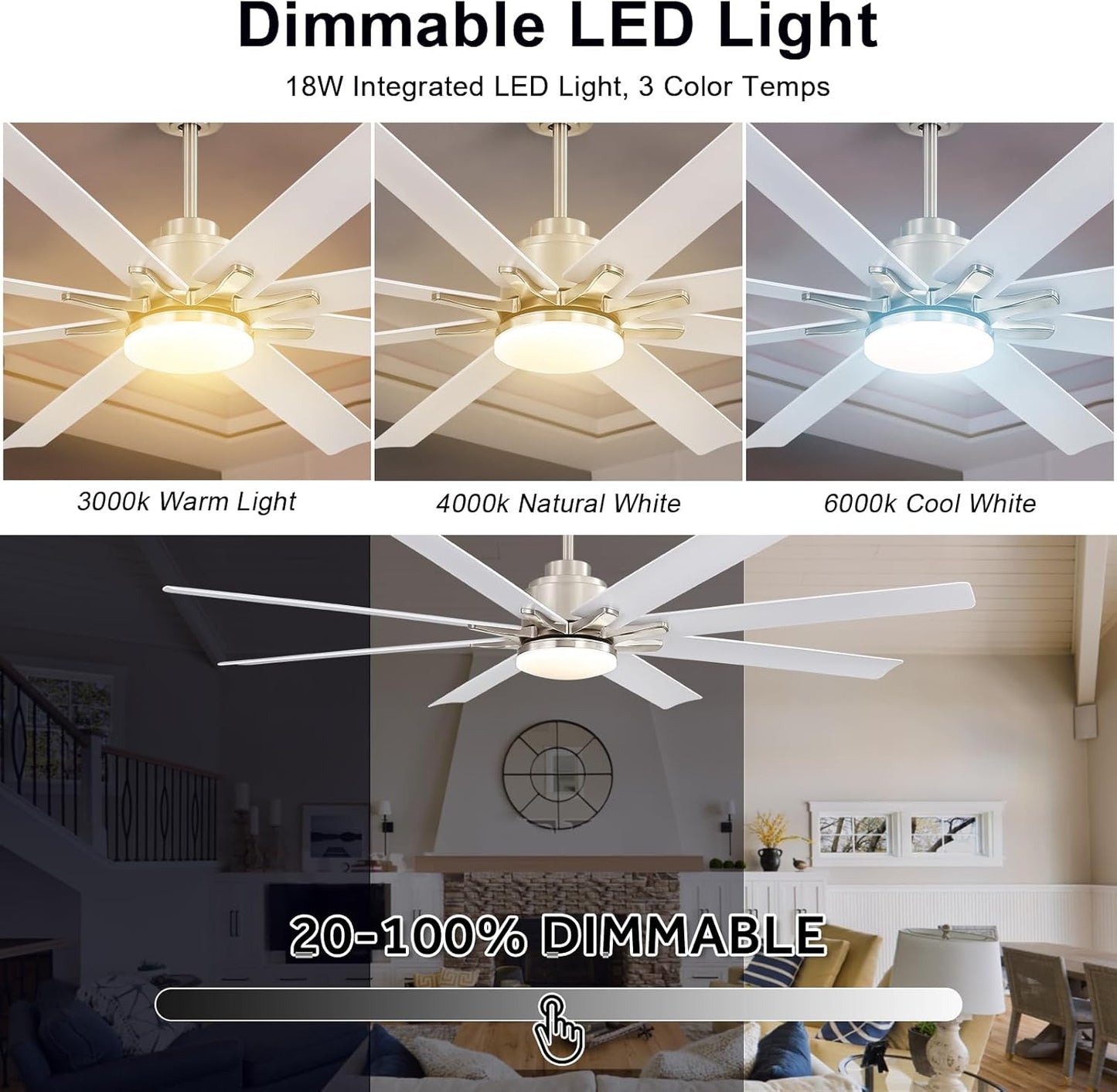 66 Inch Ceiling Fans with Lights and Remote, Indoor Outdoor Mordern Smart Ceiling Fan with Reversible Quiet DC Motor, 6 Speed, 8 Blades for Living Room Bedroom Patios Balcony (White+Sliver)
