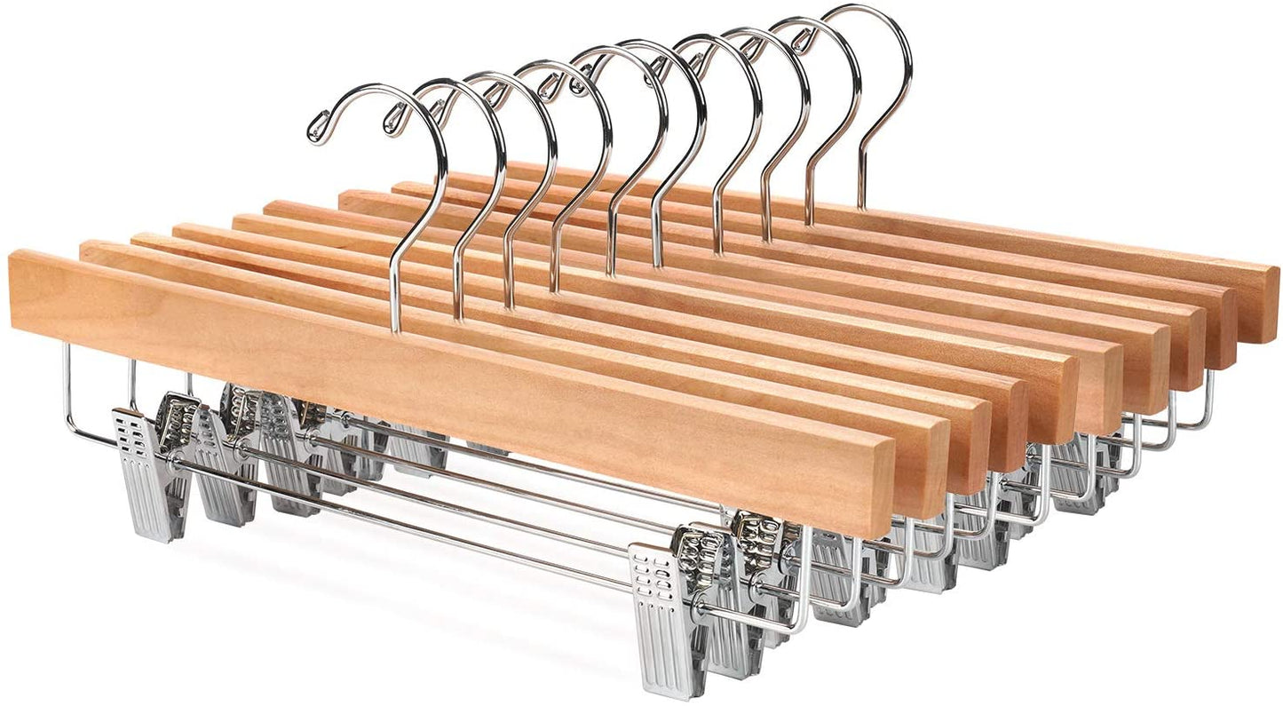 Solid Lotus Wood Deluxe Wooden Pants Hangers Bottom Hanger Jeans Hanger Skirt Hanger with 2-Adjustable Clips Anti-Rust Hook Pack of 10 (Natural)