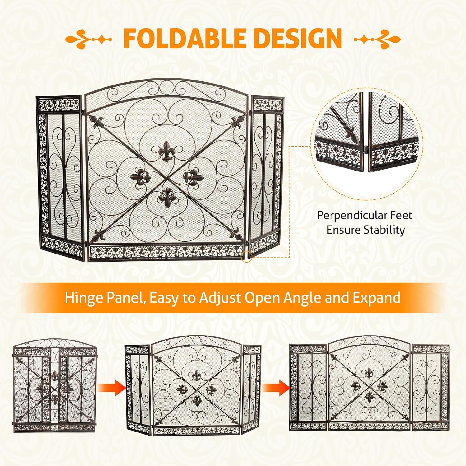 Fireplace Screen 3 Panel Folding Fireplace Screens 52.4 X 31 Inch Metal Furnace Fireguards Mesh Cover Baby Safe Proof Fence Spark Guard Cover Wrought Iron Fire Place Standing Gate (Bronze)