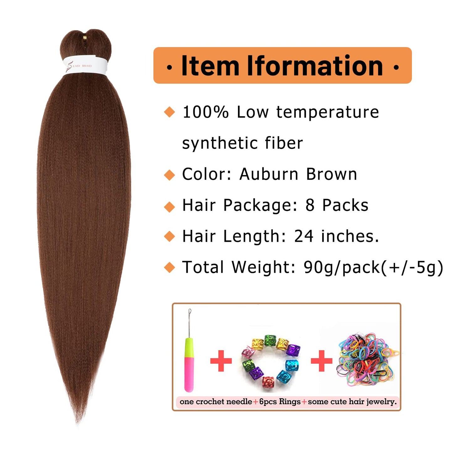 Pre Stretched Braiding Hair, 24-Inch Kanekalon Braiding Hair, 8 Packs Soft Yaki Texture, No Itch, Hot Water Setting Synthetic Hair Extensions for Braids Auburn Brown(24In,30#)
