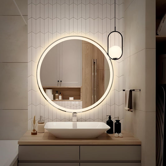 24 Inch LED Bathroom Vanity Mirror, Wall Mounted round Makeup Shaving Mirror Frameless Design, HD Waterproof & Explosion-Proof Smart Mirror with Memory Function UL Listed
