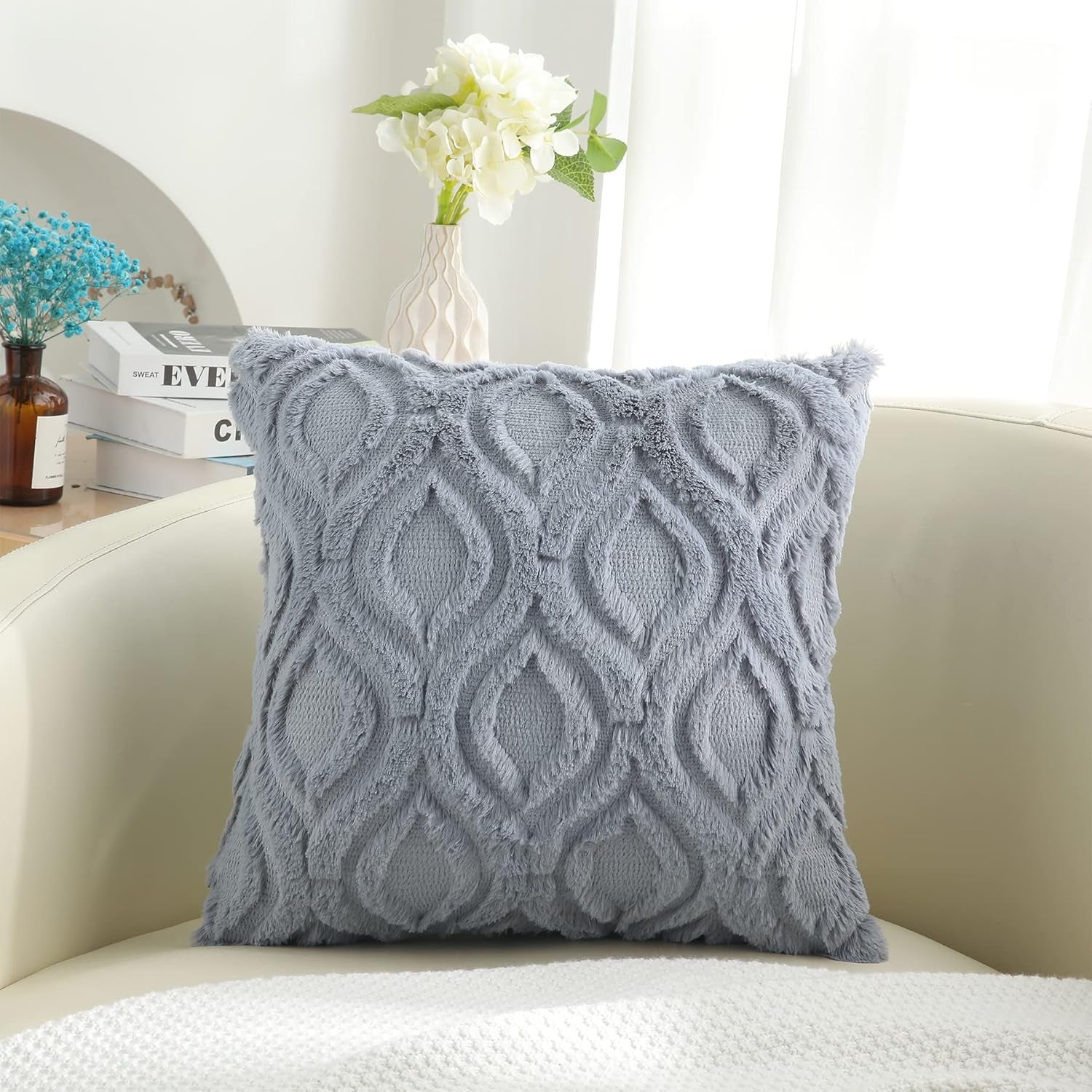 Decorative Throw Pillow Covers 18X18, Soft Plush Faux Wool Couch Pillow Covers for Home, Set of 2, Blue Grey