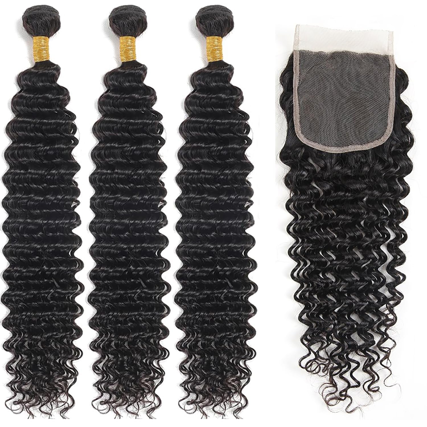 Brazilian Deep Wave Bundles with Closure（12 14 16+10Closure）100% Unprocessed Deep Curly Bundles Human Hair 3 Bundles with 4X4 Free Part Lace Closure Wet and Wavy Deep Wave Hair Natural Black