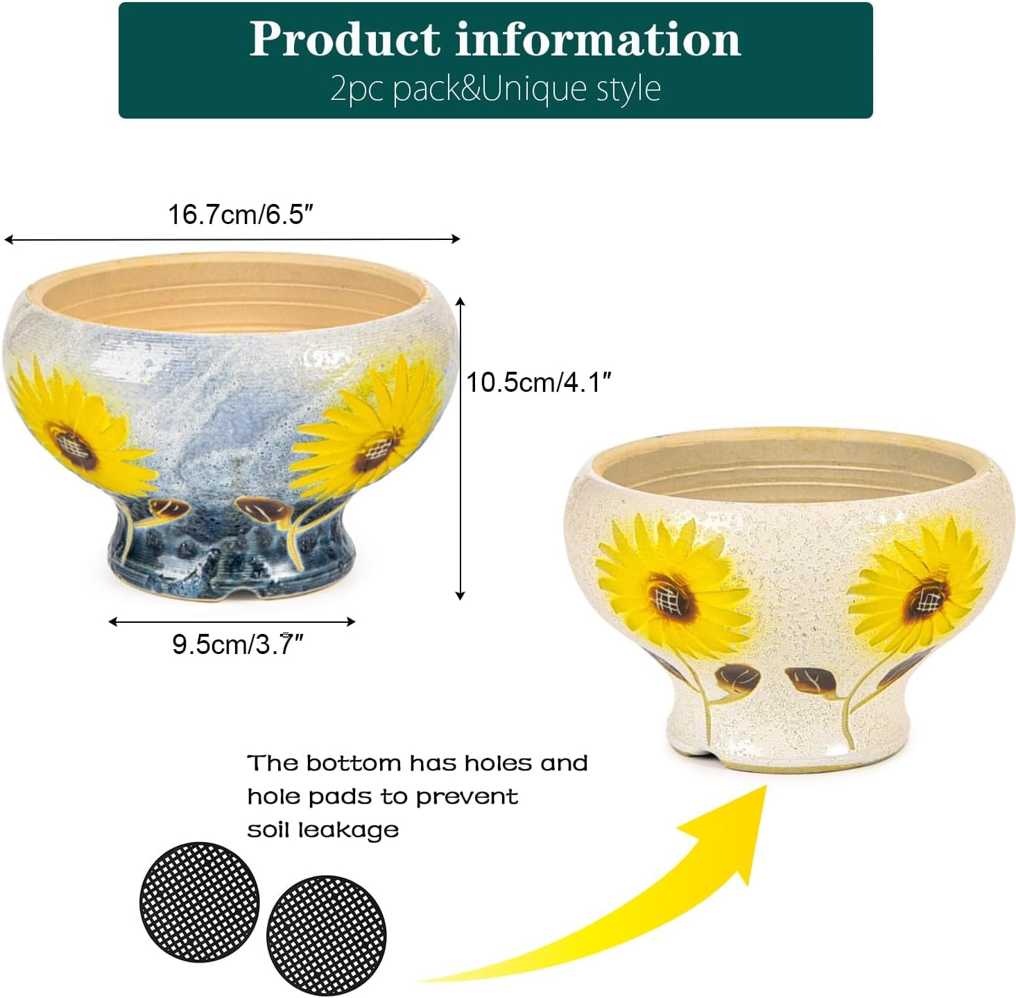 Small Succulent Planters Set of 2, Beautiful Hand Crafted Ceramic Plant Pots Cute Cactus Pot, 6.5 Inch Flower Pots for Indoor Plants with Drainage, Desktop Windowsill Home Office Decor Pots