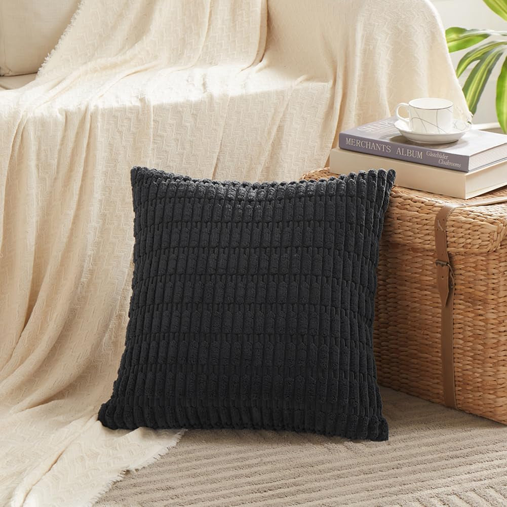 4 Packs Boho Black Decorative Throw Pillow Covers 18X18 Inch for Living Room Couch Bed Sofa, Rustic Modern Farmhouse Home Decor, Soft Plush Corduroy Cute Square Cushion Case 45X45 Cm