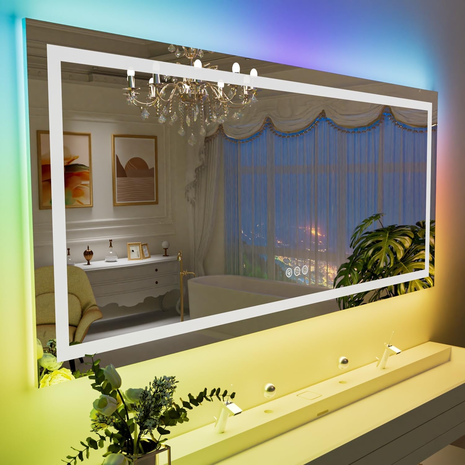 60”X30“ RGB LED Bathroom Mirror with Lights for Bathroom, Anti-Fog, Dimmable，Multiple Light Modes, RGB Backlit + Front Light, Memory Function, Tempered Glass