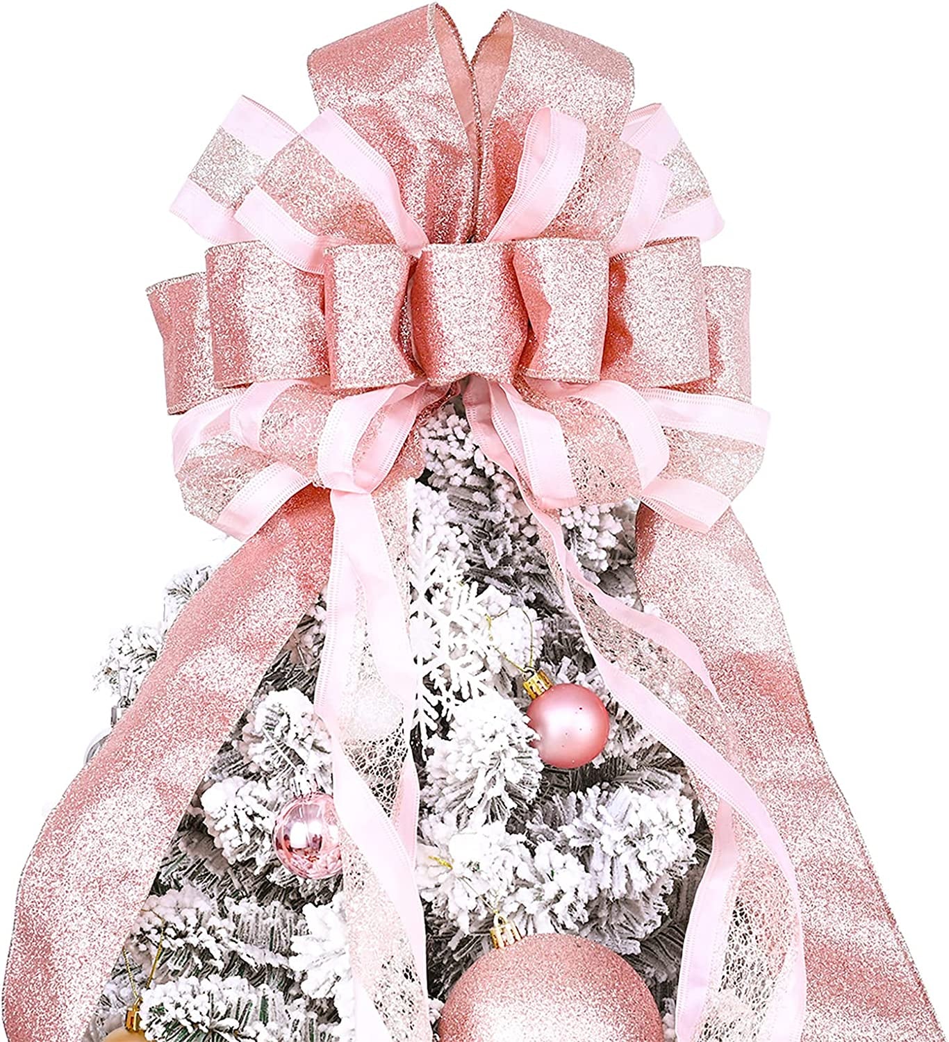 Christmas Tree Topper, 40X13 Inches Toppers Bow with Glitter Satin Mesh Streamer and Patterned Ribbon, Christmas Tree Topper Bow for Christmas Home Decoration (Rose Gold)