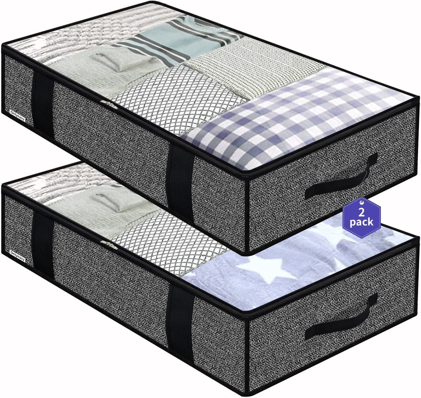 Foldable Underbed Bags 2 Pack - Blankets Clothes Comforters Storage Bag Breathable Zippered Organizer for Bedroom with Clear Window and 4 Handles, 39.4X19.7X5.9 In, Linen-Like Grey, MXDUBBP2