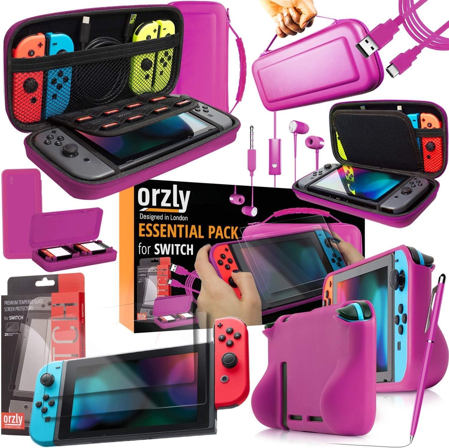 Switch Accessories Bundle -  Essentials Pack for Nintendo Switch OLED Case & Screen Protector , Grip Case, Games Holder, Headphones - Classic Black Edition