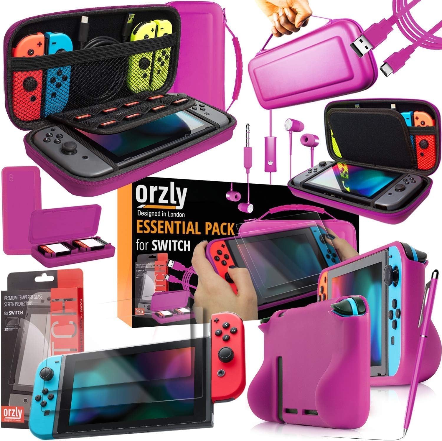 Switch Accessories Bundle -  Essentials Pack for Nintendo Switch OLED Case & Screen Protector , Grip Case, Games Holder, Headphones - Classic Black Edition