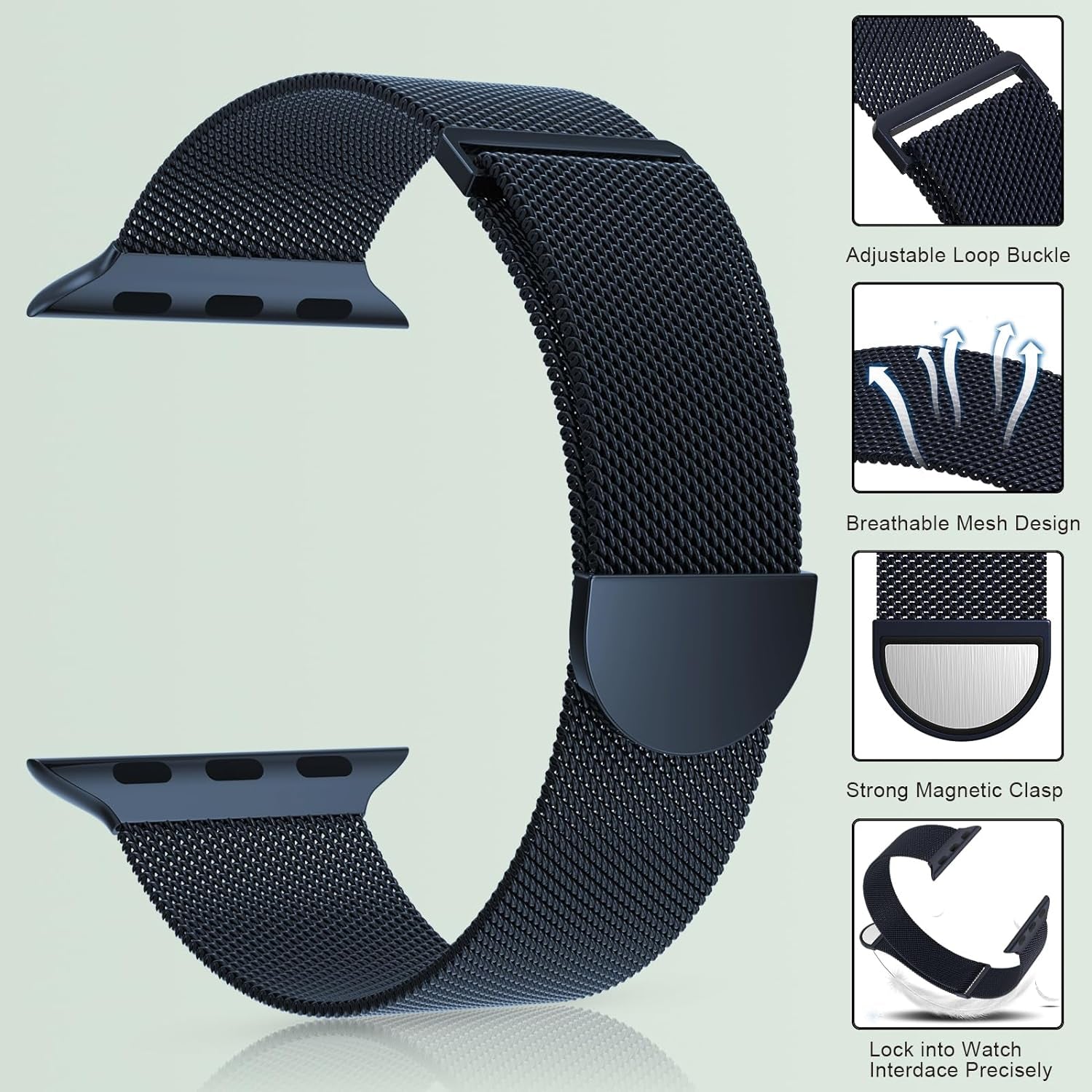 Compatible with Apple Watch Band Series 9, Ultra 2, SE, Ultra 8 7 6 5 4 3 2 1 38Mm 40Mm 41Mm 42Mm 44Mm 45Mm 49Mm Women and Men, Stainless Steel Mesh Loop Magnetic Clasp Replacement For