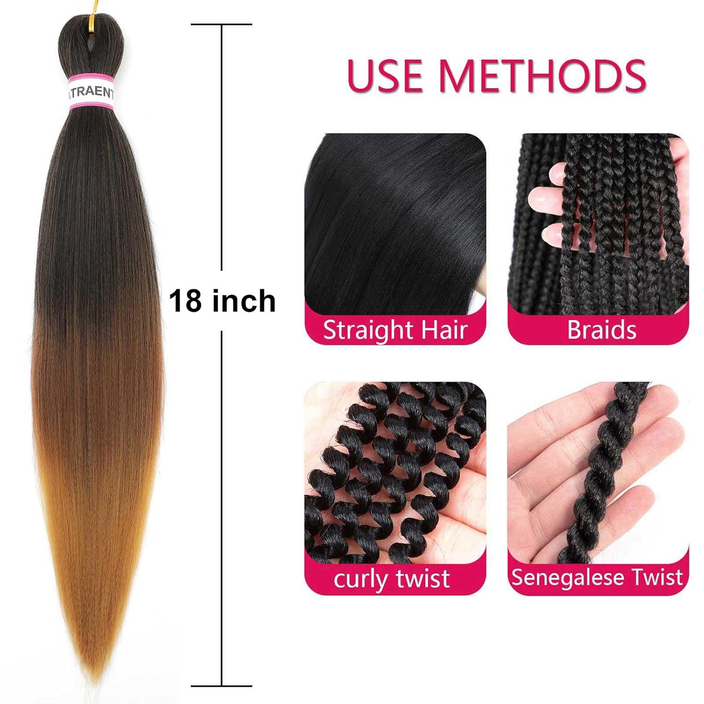 Prestretched Braiding Hair 18 Inch Ombre Braiding Hair Pre Stretched 8 Packs Hot Water Setting Yaki Texture Hair Braids 1B/30/27