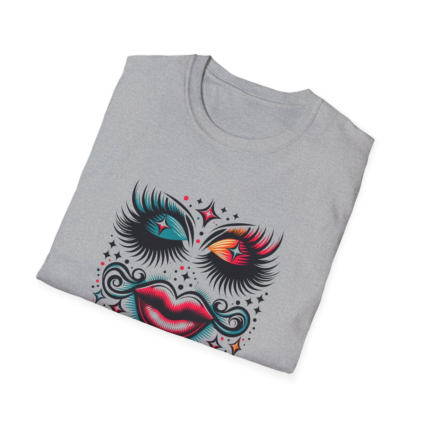LASHES Vibrant Face Graphic T-Shirt - Unisex Softstyle Tee for Festivals & Celebrations
