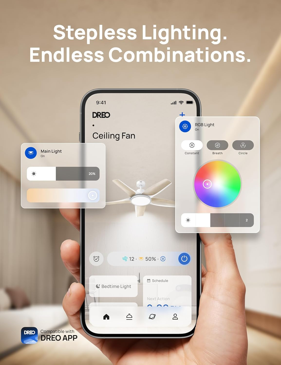 Smart Ceiling Fans with Lights, Low Profile Ceiling Fan with Alexa/App, 52'' Dimmable Lighting & Color Tuning, RGB Ambient Light for Living Room, Game Room, Easy Installation, Quiet, White