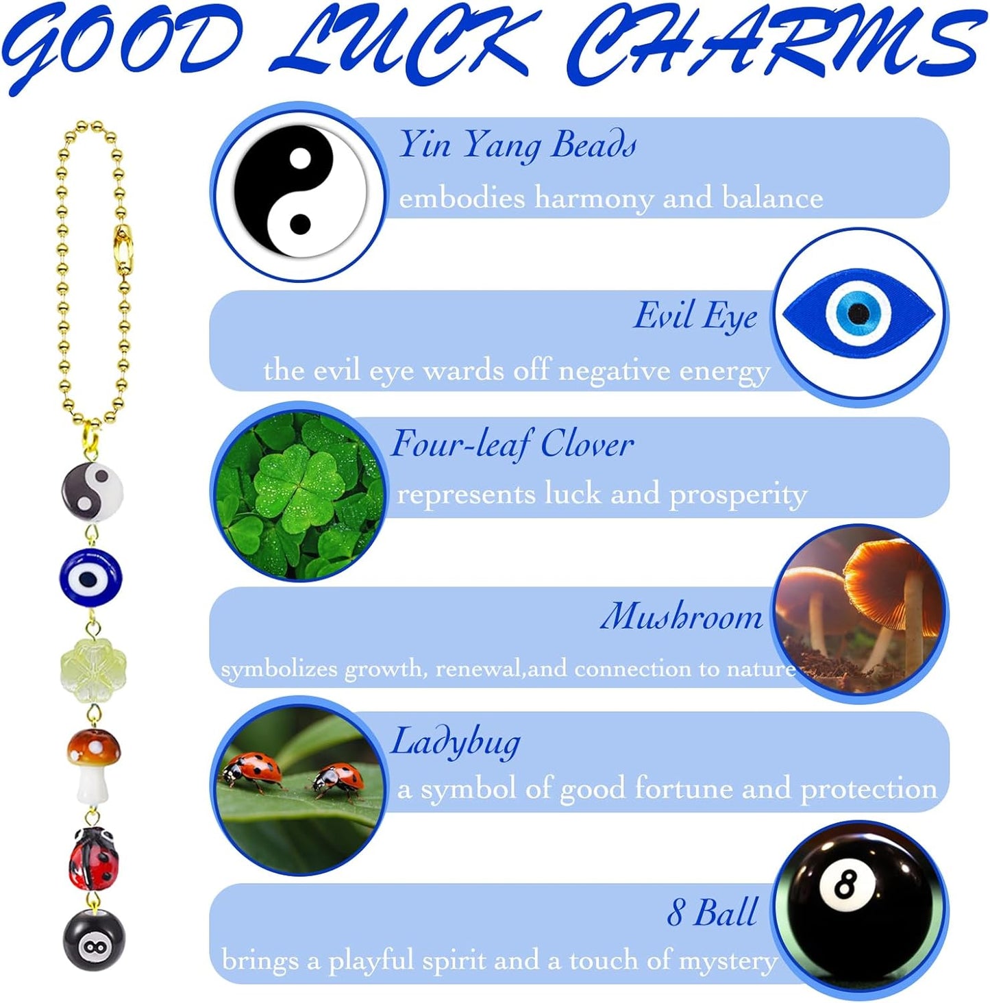 Evil Eye Car Hanging Ornament,Good Lucky Days Car Charm,8 Ball Mushroom Four-Leaf Clover Pendant for Car Rear View Mirror,Cute Boho Evil Eye Ladybug Yin Yang Symbol Car Decor Accessories