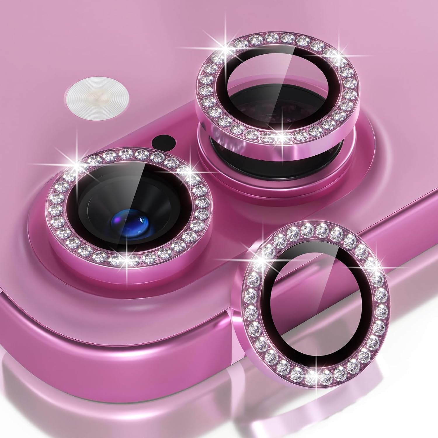 Compatible for Iphone 16 /Iphone 16 plus Camera Lens Protector Bling, 9H Tempered Glass Camera Cover Screen Protector Metal Ring Decoration Accessories(Glitter-Pink)