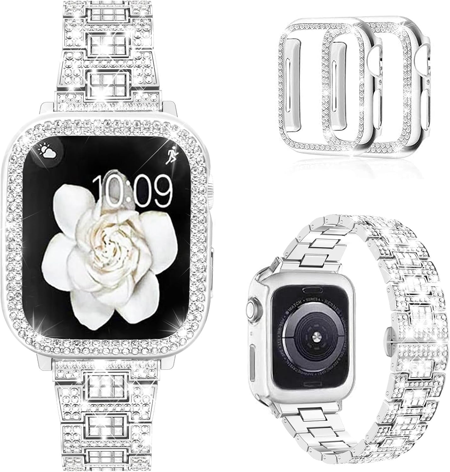 Compatible with Apple Watch Band 38Mm 40Mm 41Mm 42Mm 44Mm 45Mm 49Mm with 2 Pack Case Women, Jewelry Replacement Metal Wristband Strap with Bling PC Protective Case for Iwatch Ultra SE Series 9/8/7/6/5/4/3/2/1