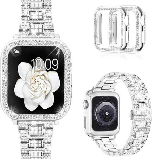 Compatible with Apple Watch Band 38Mm 40Mm 41Mm 42Mm 44Mm 45Mm 49Mm with 2 Pack Case Women, Jewelry Replacement Metal Wristband Strap with Bling PC Protective Case for Iwatch Ultra SE Series 9/8/7/6/5/4/3/2/1