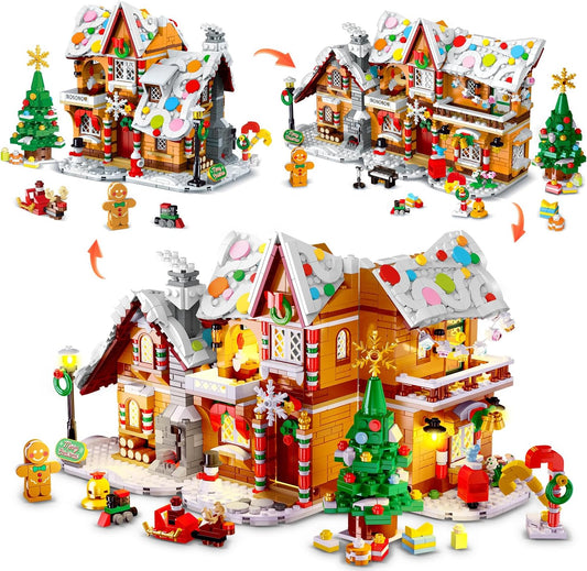 3 Style Christmas Gingerbread House Building Set with LED Light - 2024 Snowscape Village House Building Block Toy with Santa Claus Xmas Tree Train Gifts for Adults Kids Girls Boys Ages 8+ (1397 PCS)