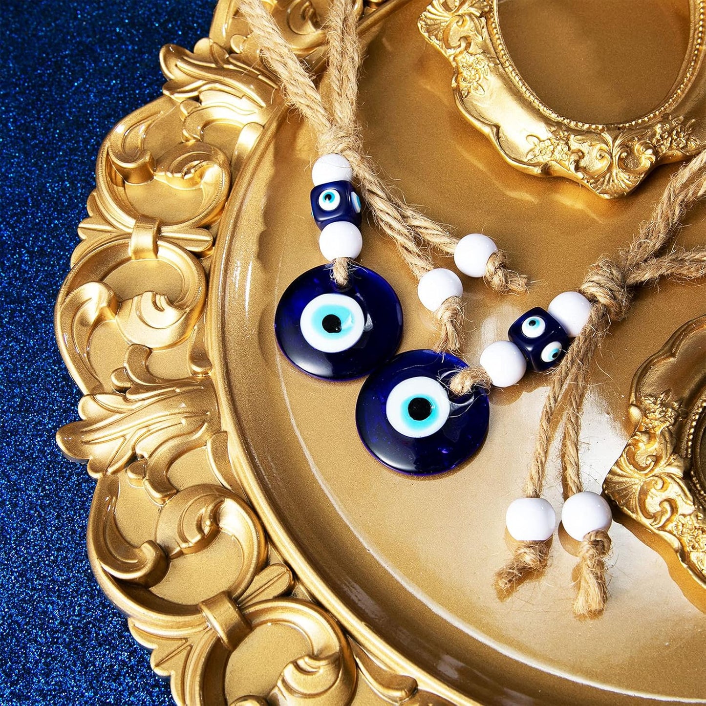 6 Pieces Turkish Blue Evil Eye Beads Charms Pendants Crafting Glass Beads Evil Eye Wall Hanging Ornament with Ropes for Keychain Jewelry Accessories Home Craft Decorations