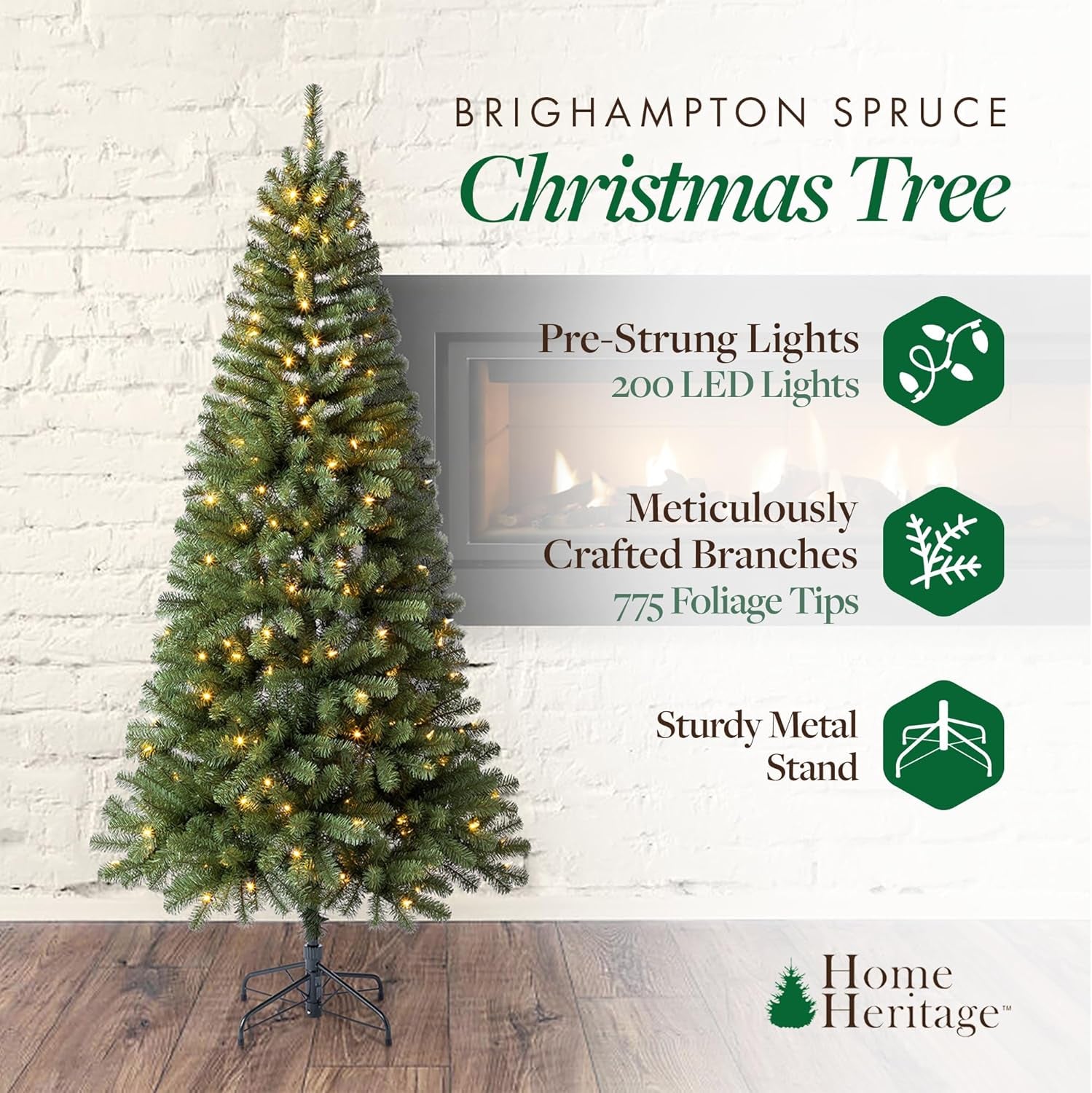 7 Foot Brighampton Spruce Artificial Christmas Tree with Warm White LED Lights for Seasonal Decorations, Display, and Home Ornamentals