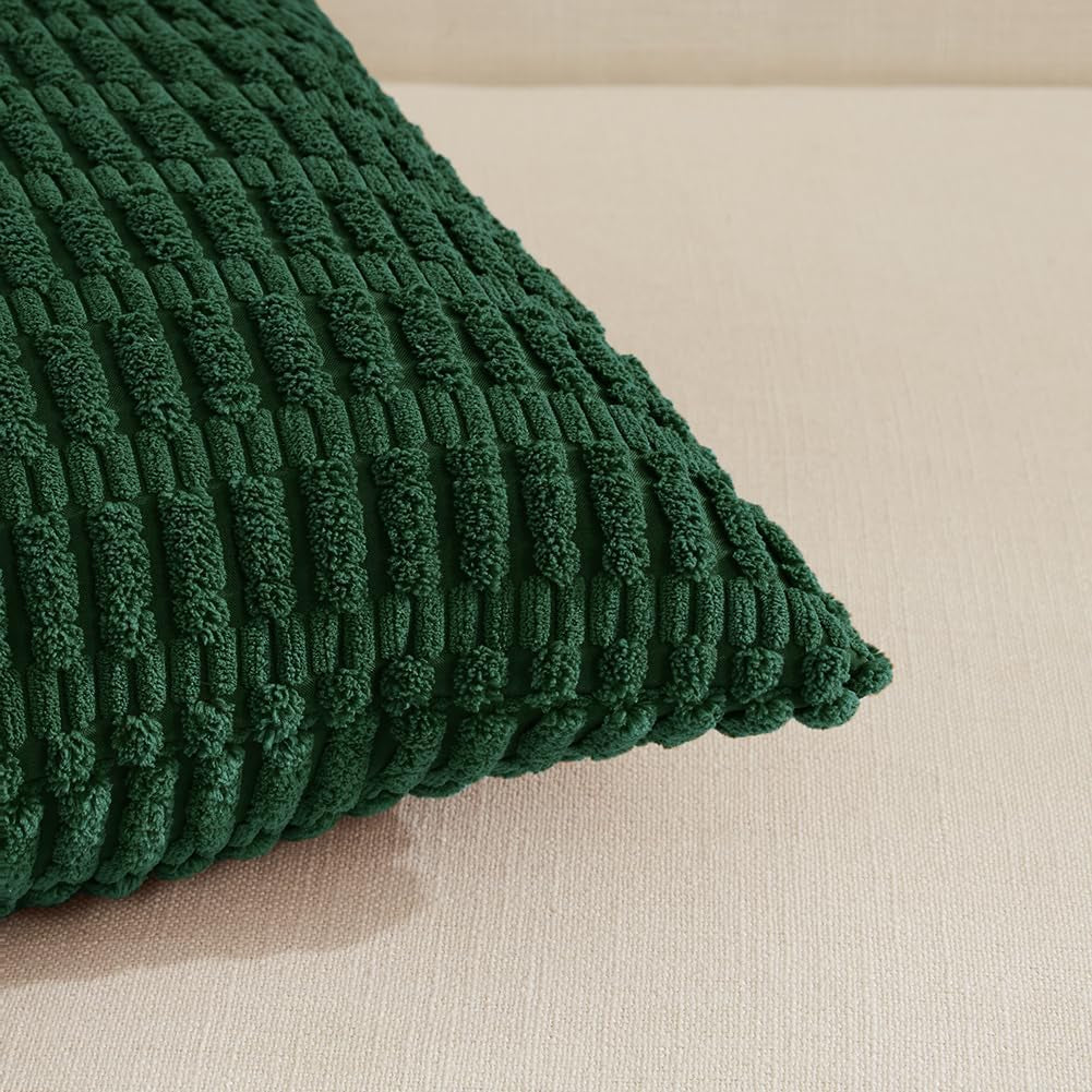 Set of 4 Dark Green Boho Decorative Throw Pillow Covers 18X18 Inch for Couch Bed Sofa, Aesthetic Modern Bohemian Room Decor, Soft Fuzzy Fluffy Cozy Corduroy Textured Cushion Case 45X45Cm