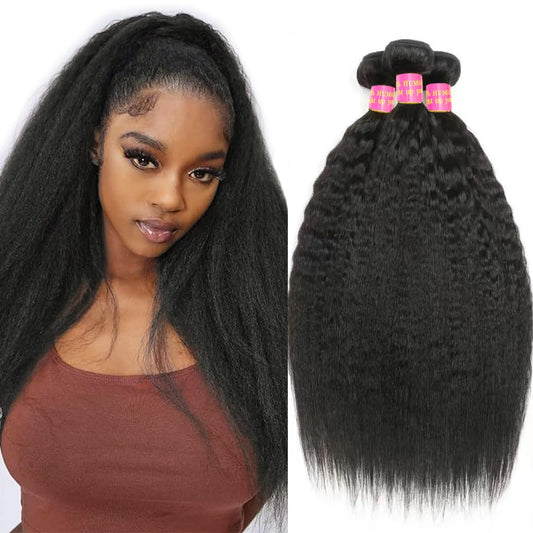 14 16 18 Kinky Straight Bundles Human Hair Yaki Straight Human Hair 3 Bundles 100% Unprocessed Brazilian Virgin Remy Hair Yaki Straight Bundles for Black Women Natural Black Color