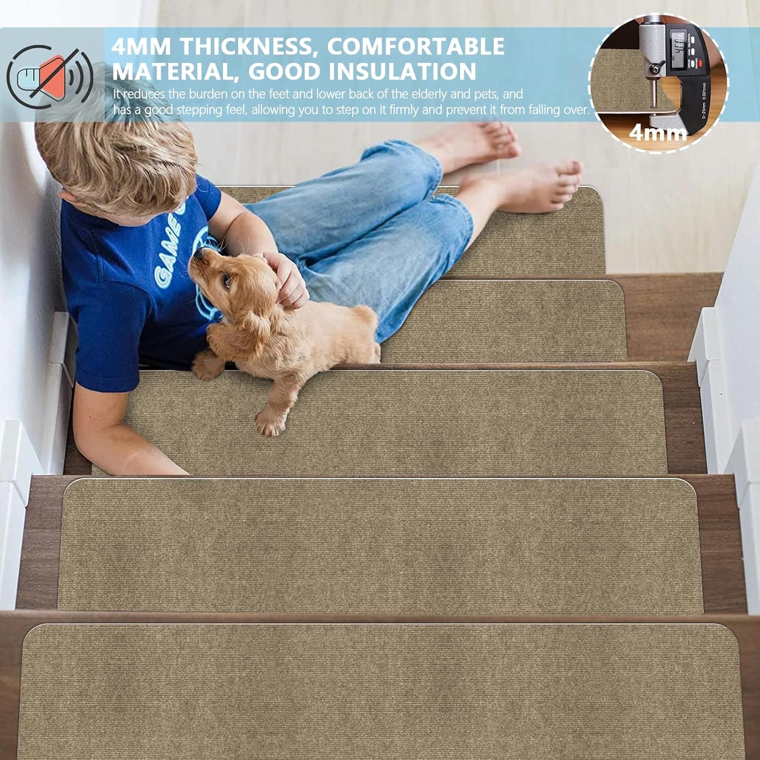 8" X 30" (15 in Pack) Non-Slip Stair Treads Carpet for Wooden Steps, Self-Adhesive Stair Treads Mat, Safety Indoor Stair Runner Mats, anti Slip Stair Rugs for Kids Elders and Dogs，Moca