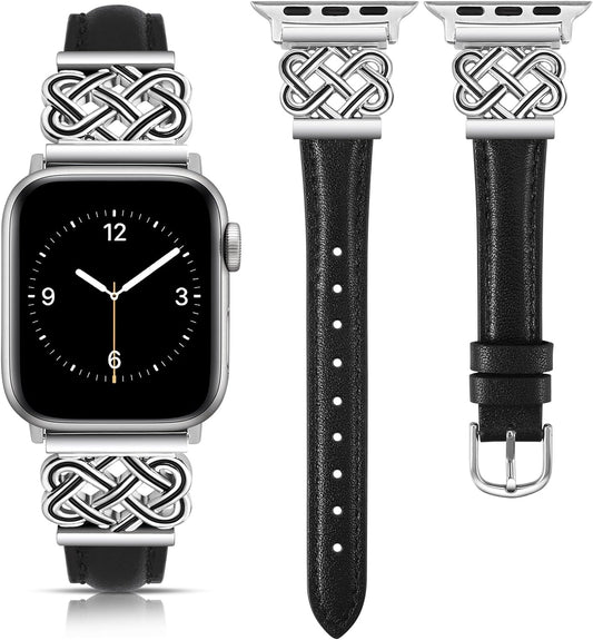 Leather Band Compatible with Apple Watch Bands 38/40/41/42/44/45/49Mm Women, Slim Leather Strap with Designer Dressy Interlock Buckle for Iwatch Series 9/8/7/6/5/SE/4/3/2/1 Ultra/Ultra 2