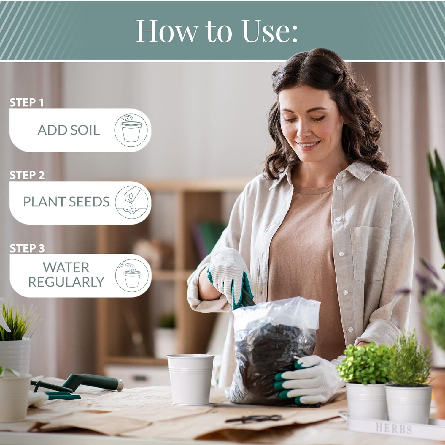 Indoor Herb Garden Planter Set with Tray, Metal Windowsill Plant Pots with Drainage for Outdoor or Indoor Plants, Set/3 (White)