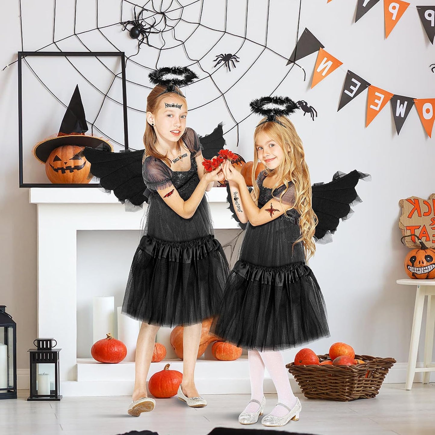 Black Angel Wings and Halo Costume for Girls 4-12, Set of 6 Fallen Angel Dress Halloween Costume Kit with Angel Wing, Halo, Dress, Devil Wand and Halloween Tattoo Stickers for Hallowee, Theme Parties