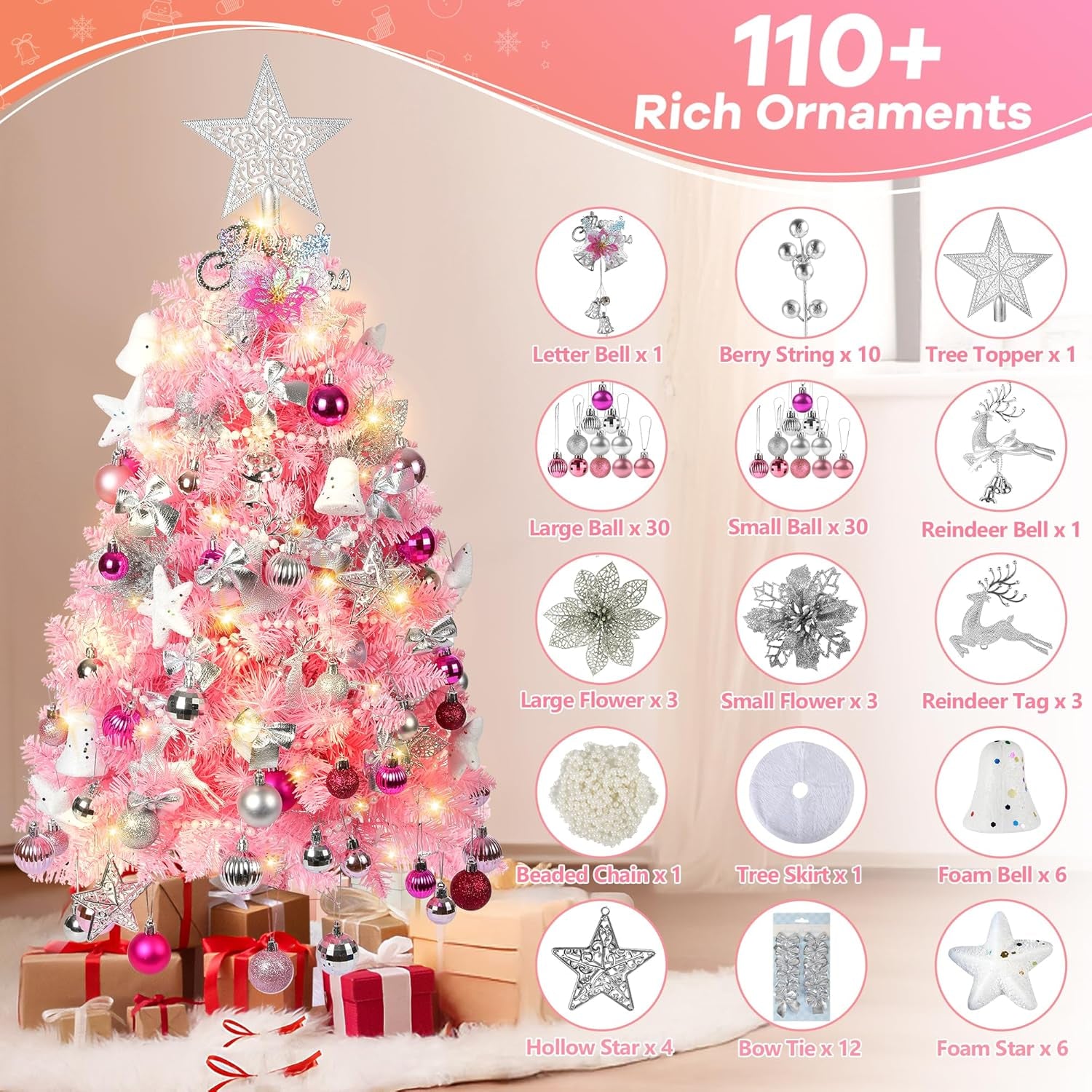 3FT Pink Christmas Tree, Small Tabletop Christmas Tree with 80 LED Lights, Mini Artificial Prelit Christmas Tree, 200 Lifelike Branches, 110 Ornaments, Pink Christmas Decorations for Home