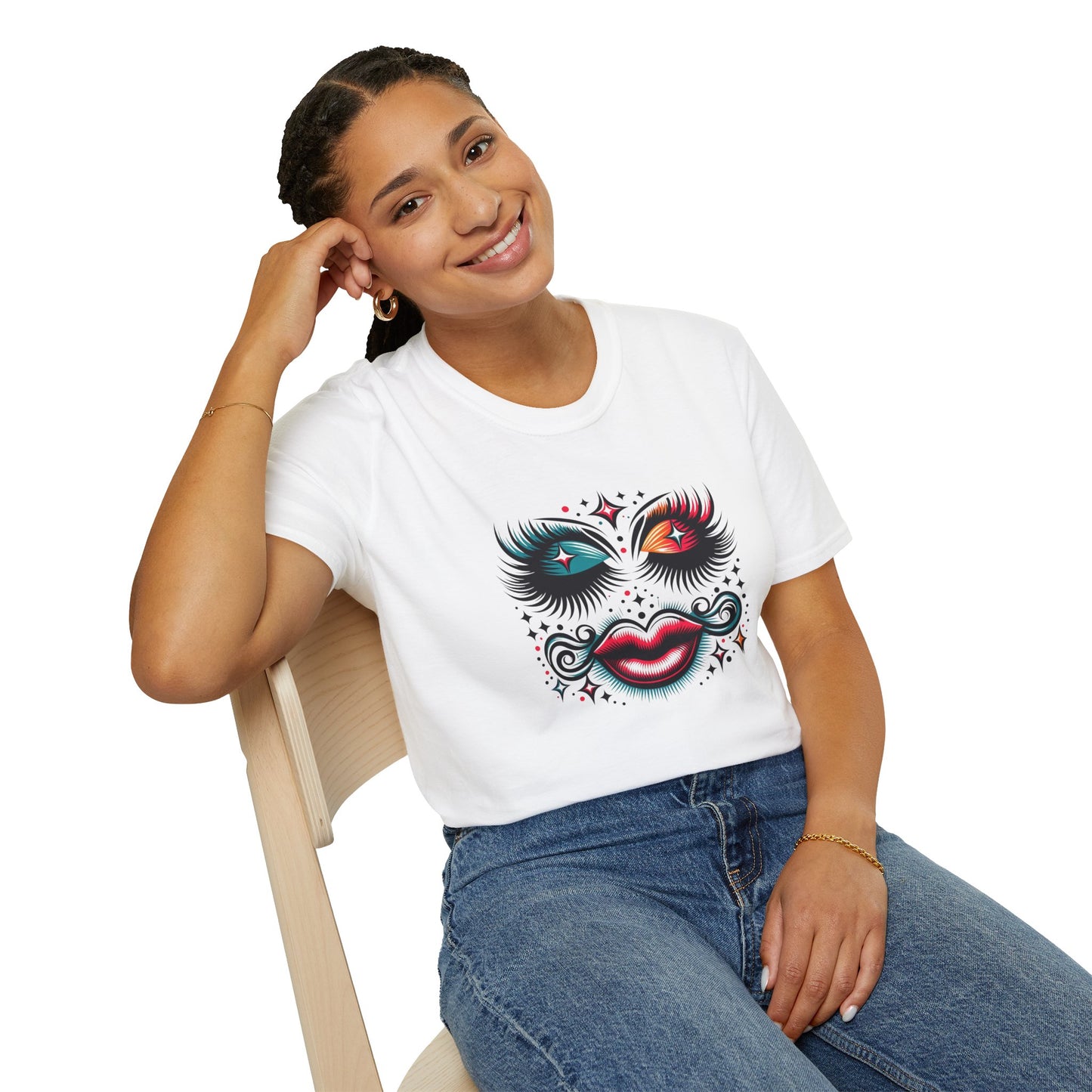 LASHES Vibrant Face Graphic T-Shirt - Unisex Softstyle Tee for Festivals & Celebrations