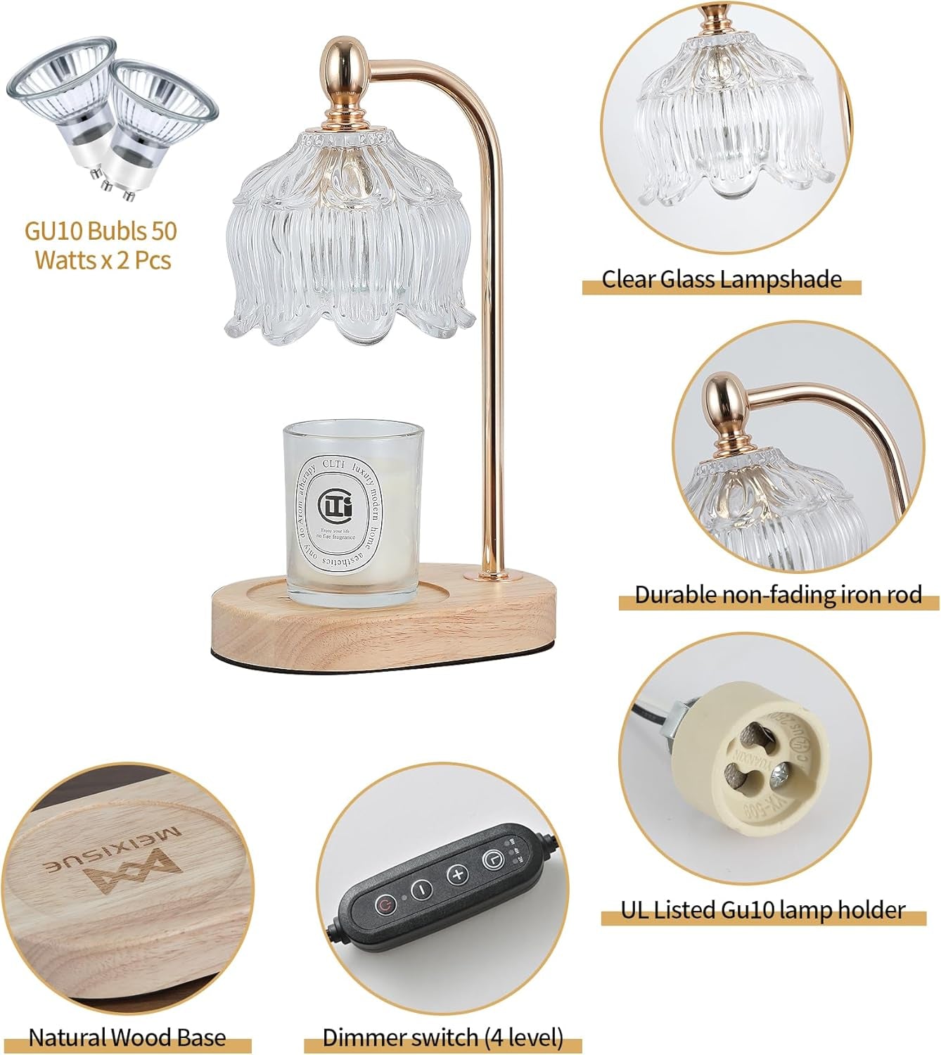 Candle Warmer Lamp with Timer and Dimmer,Electric Gold Candle Warmer Light Gifts for Women Melt Wax Warmer Lamp with 2 Bulbs for Candle Jars House Warming New Home Decor Bedroom