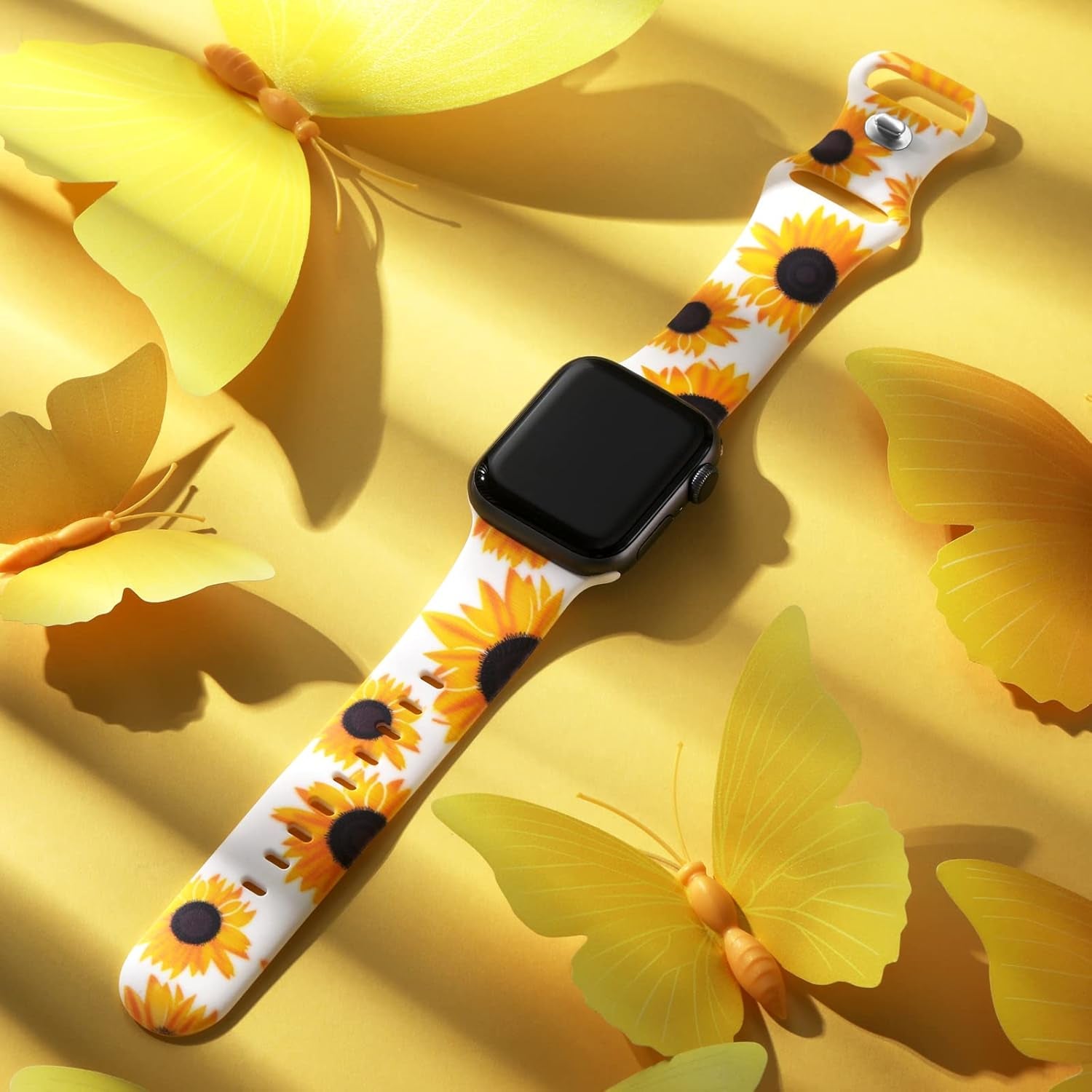 Compatible with Watch Band 38Mm 40Mm 41Mm 42Mm 44Mm 45Mm 49Mm for Women, Butterflies Print Soft Silicone Floral Fadeless Wristband Sport Strap for Watch SE Series 9 8 7 6 5 4 3 2 1 Ultra