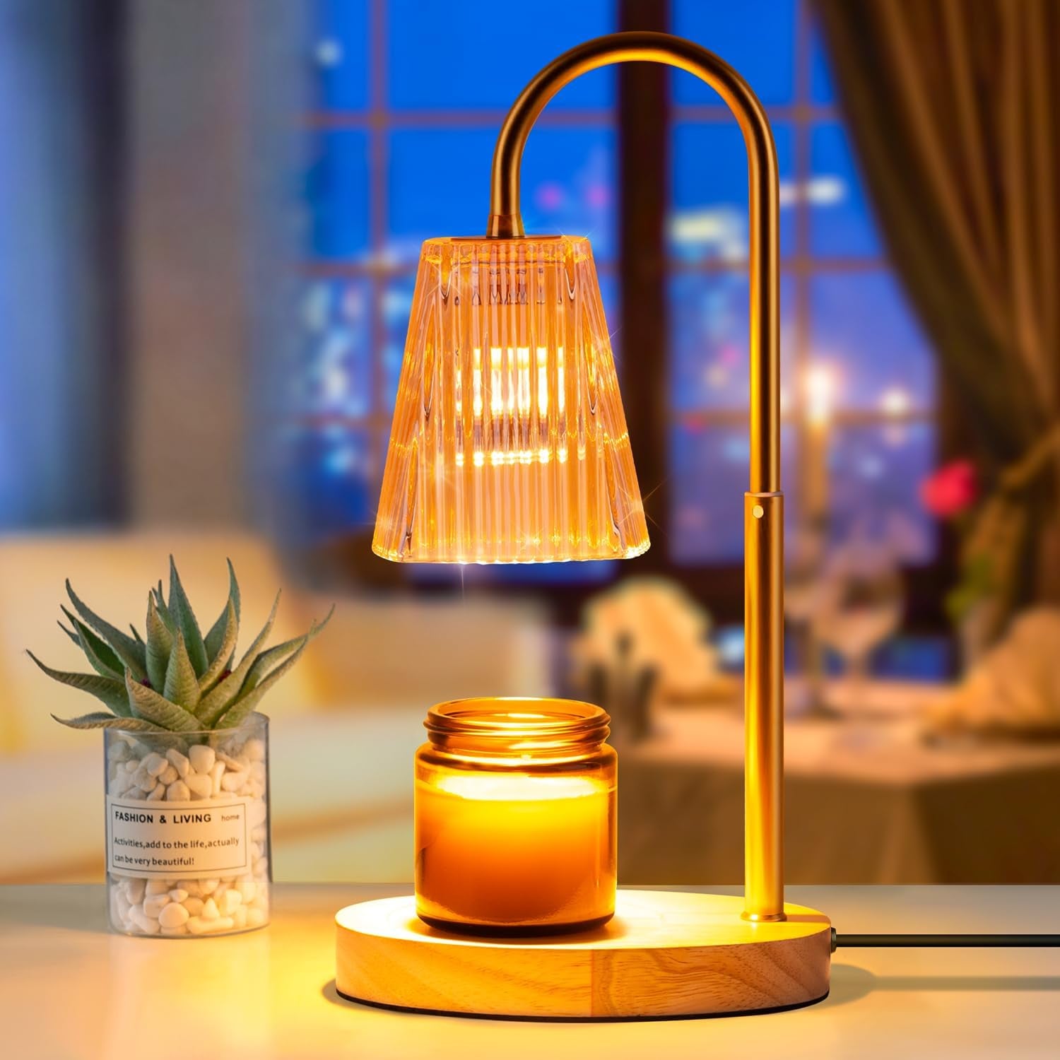 Candle Warmer Lamp with Timer: Electric Candles Wax Warmers Glass Lamps for Jar Candles Burner Adjustable Height and Dimmable Light Modern No Flame Scented Candle Warming Lantern, Amber