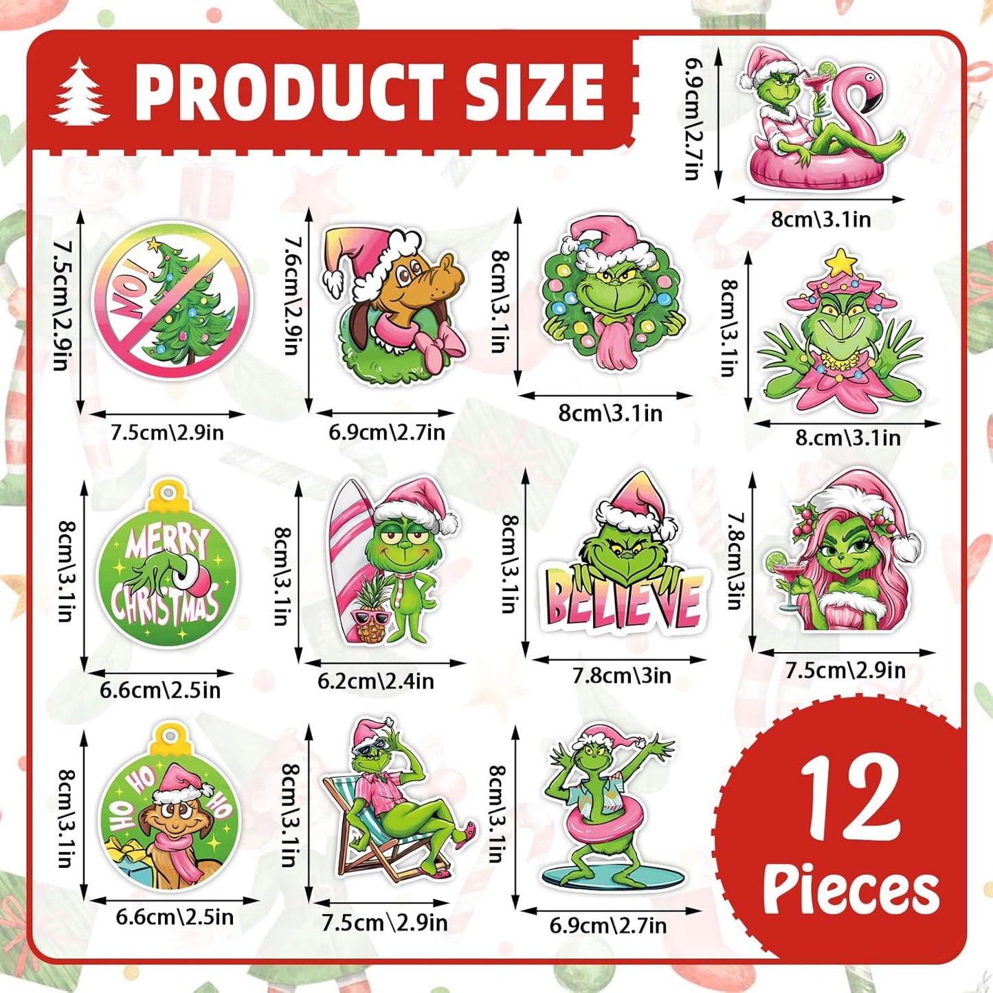 12 PCS Christmas Cartoon Refrigerator Magnets Decoration, Pink Xmas Tree Max Dog Fridge Car Garage Door Magnetic Stickers, Winter Funny Holiday Waterproof Dishwasher Decals Home Kitchen Decor