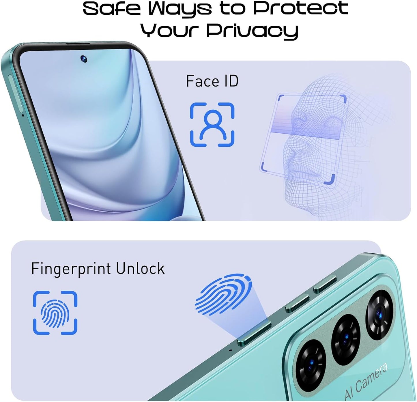 Unlock Phone Mate 60,6.79 Inch HD+ Screen Smartphone,4G Dual SIM Cheap Mobile Phones 4GB+ 128GB Expanded 512G 5280Mah 21MP Camera T-Mobile Android Phone with Finger&Face Unlock Tech Blue