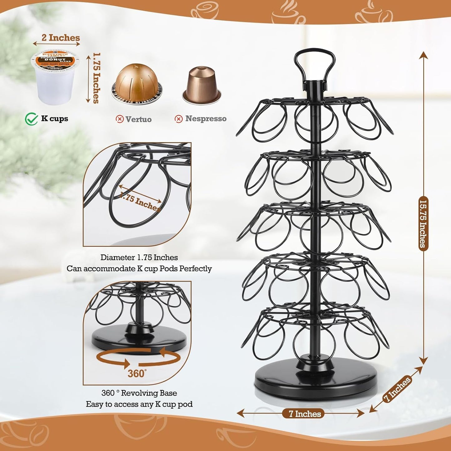 K Cup Holders,K Cup Holder, K Cups Holder,K Cup Carousel, Coffee Pods Holder Storage Organizer Stand (Black, 40 Pods Capacity K/D Design)