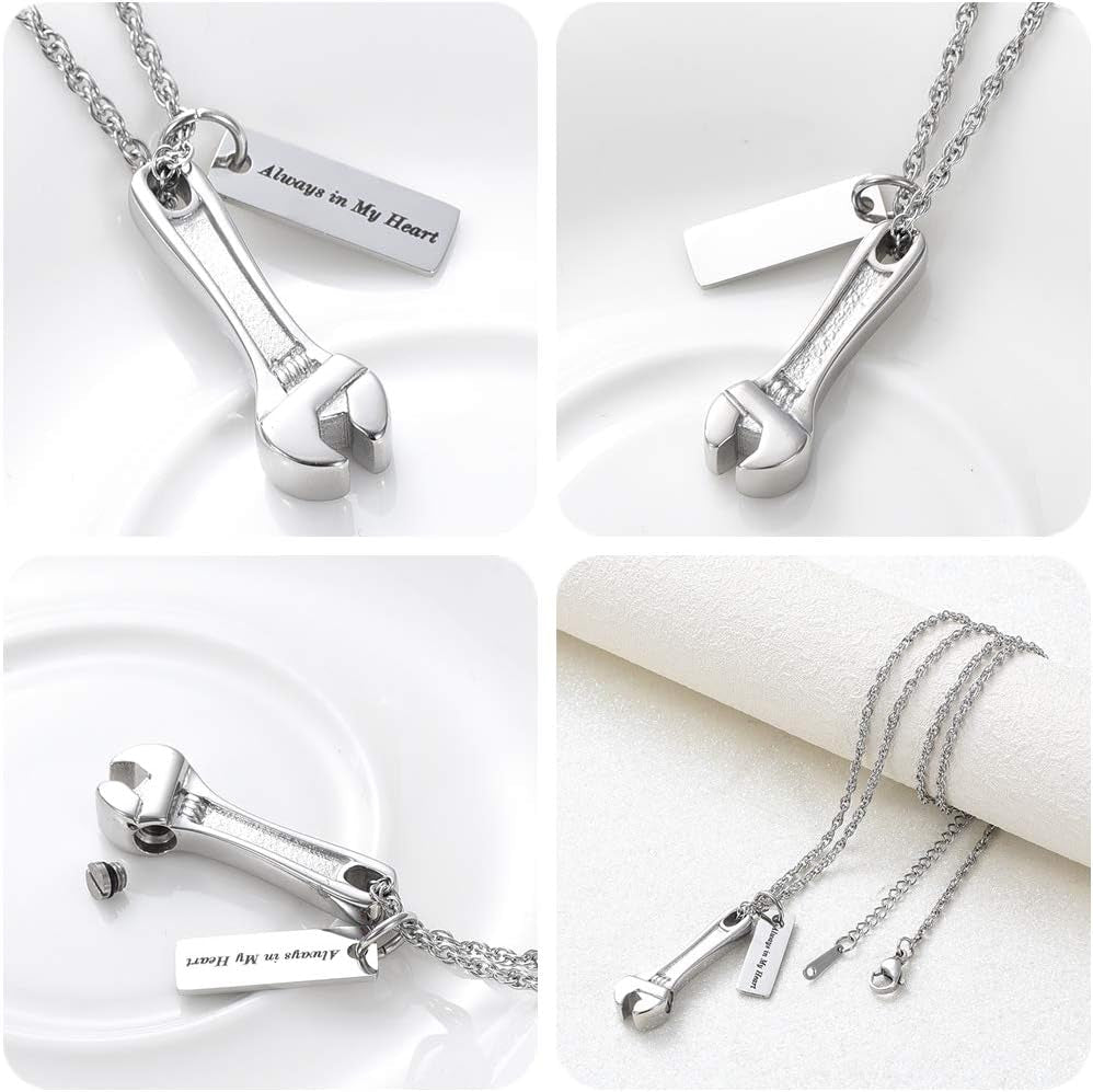 Wrench Urn Necklace for Ashes for Women Men Human Ashes Stainless Steel Hammer Cremation Jewelry for Ashes Pendant